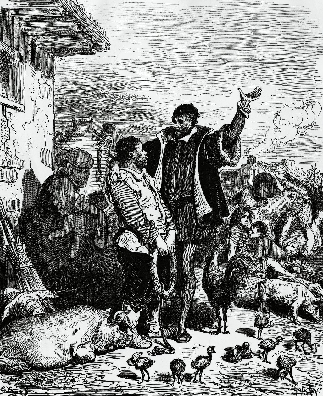 Don Quijote vzal Sancha Panzu ze svého domova a prohlásil ho za guvernéra, ilustrace Gustava Dore