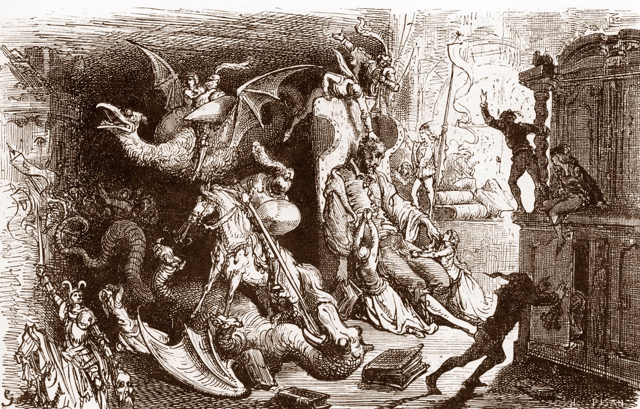 Don Quijote nemyslí na nic jiného než na rytířské činy Rytina Gustava Dorea (1832-1883) pro „L
