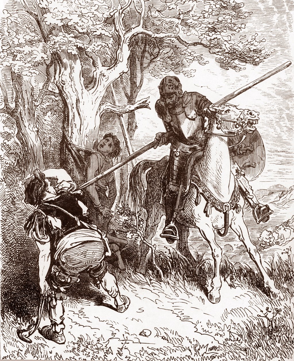 Don Quijote ohrožuje rolníka, který přepravoval pastýře Rytina Gustava Dore (1832-1883) pro „L