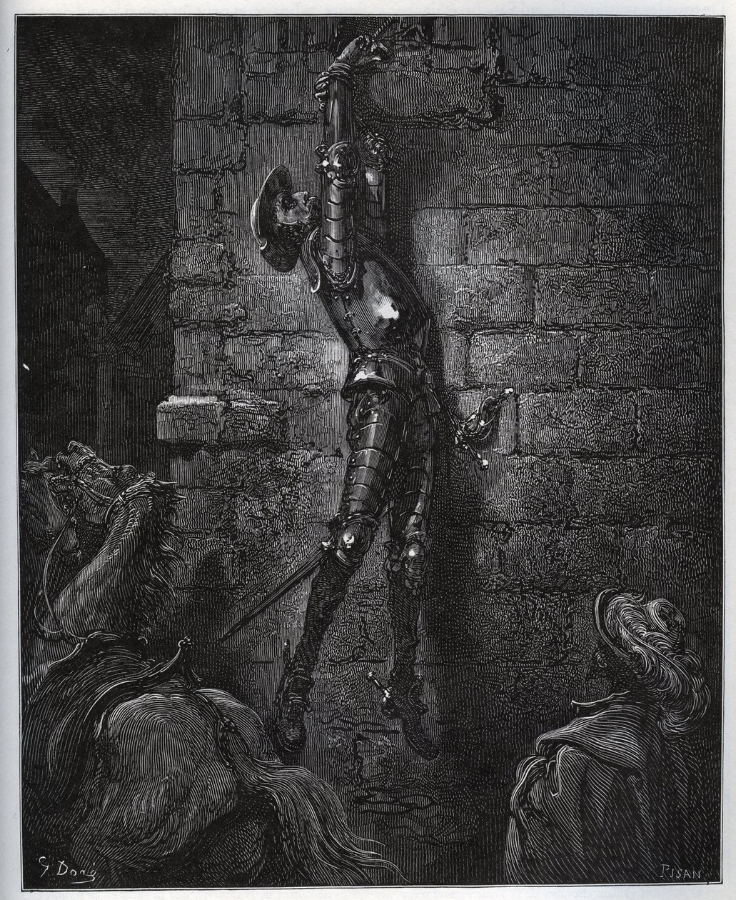 Don Quijote, uvězněný dcerou hostinského a Maritornes, zůstává zavěšen na okně. - z „Don Quijote de la Mancha“ od Miguela Cervantese (1547-1616) (Don Quijote) - Dřevoryt podle kresby Gustava Dore od Gustave Dore