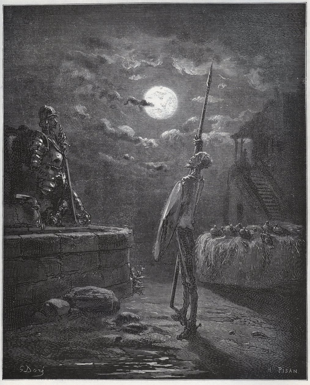 Don Quijote si hlídá paže – z „Don Quijote de la Mancha“ od Miguela Cervantese od Gustave Dore