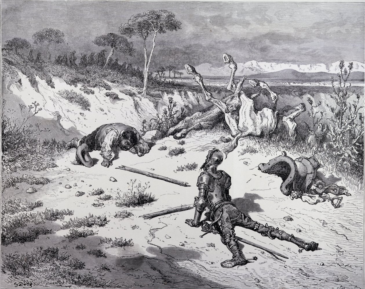 Moralizování Dona Quijota o nevděku z knihy "Don Quijote de la Mancha" od Miguela Cervantese (1547-1616), vyryl Heliodore Joseph Pisan (1822-90), asi 1868. od Gustave Dore
