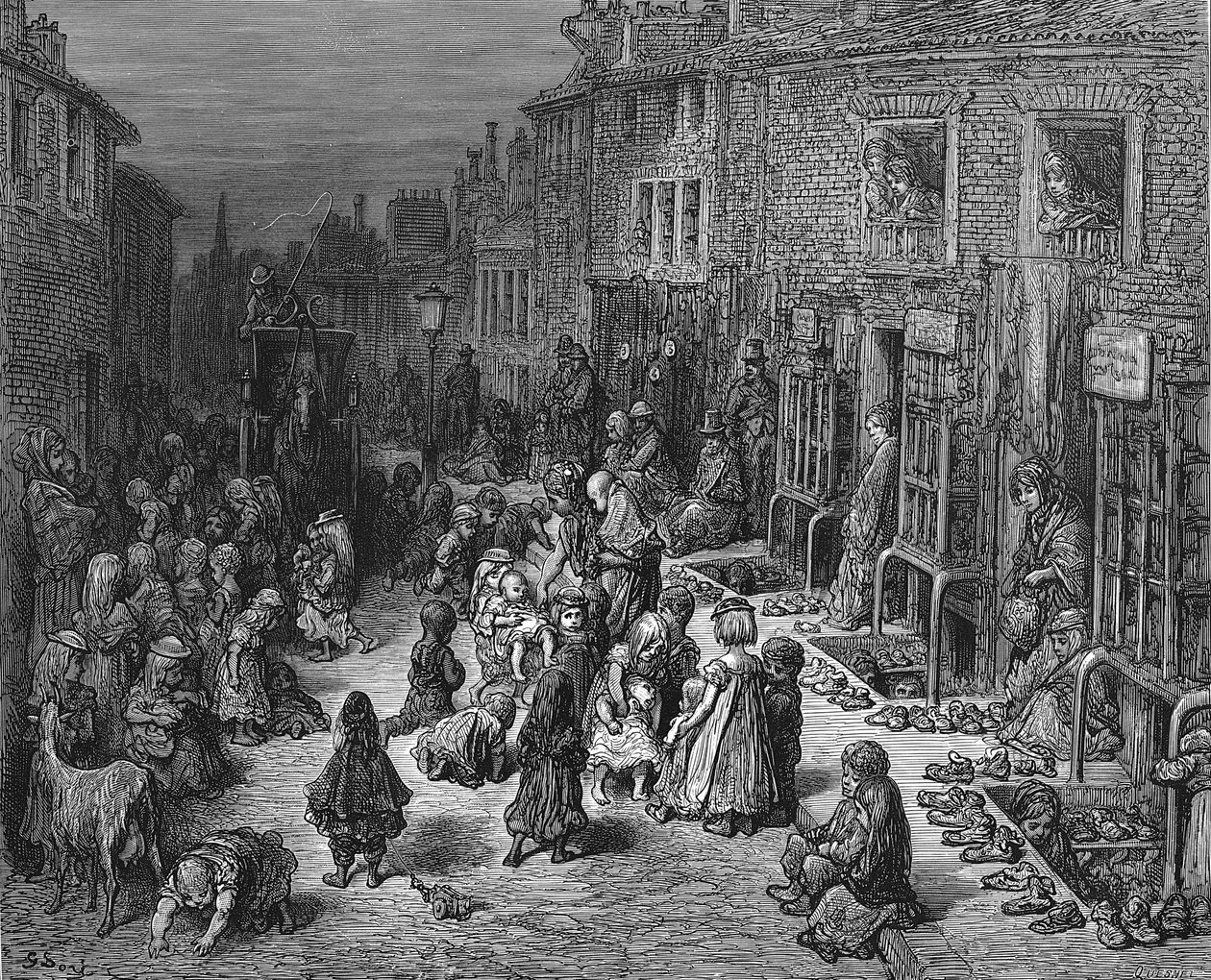 "Dudley Street, Seven Dials" : Od Gustava Dora a Blancharda Jerrolda Londýn: A Pilgrimage London 1872. Neudržované, špinavé děti si hrají na ulici, zatímco drožka se snaží projet, aniž by je rozdrtila. Dřevoryt od Gustave Dore