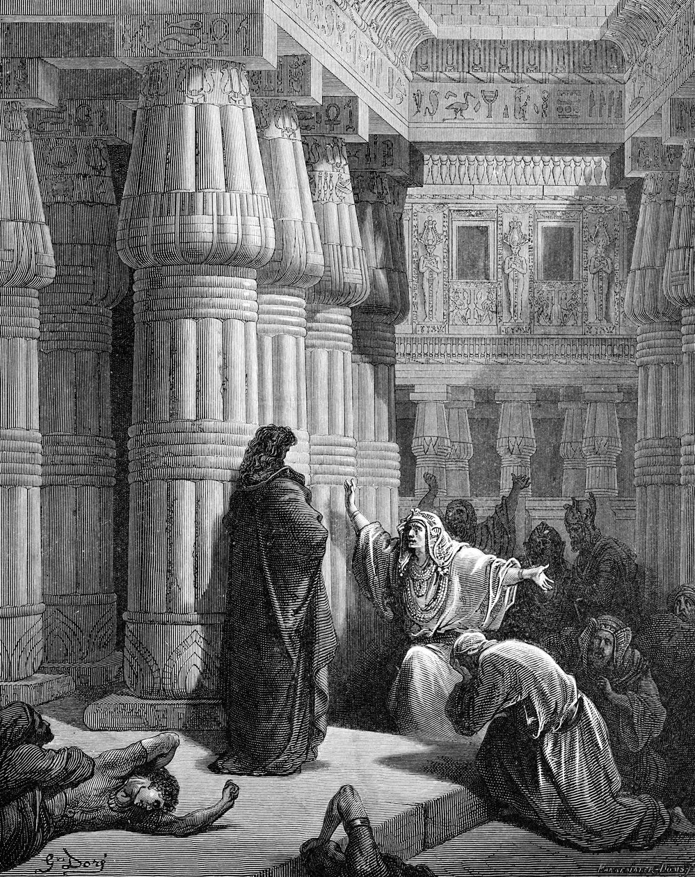 Egypťané vyzývají Mojžíše k odchodu, Doré. - Bible od Gustave Dore