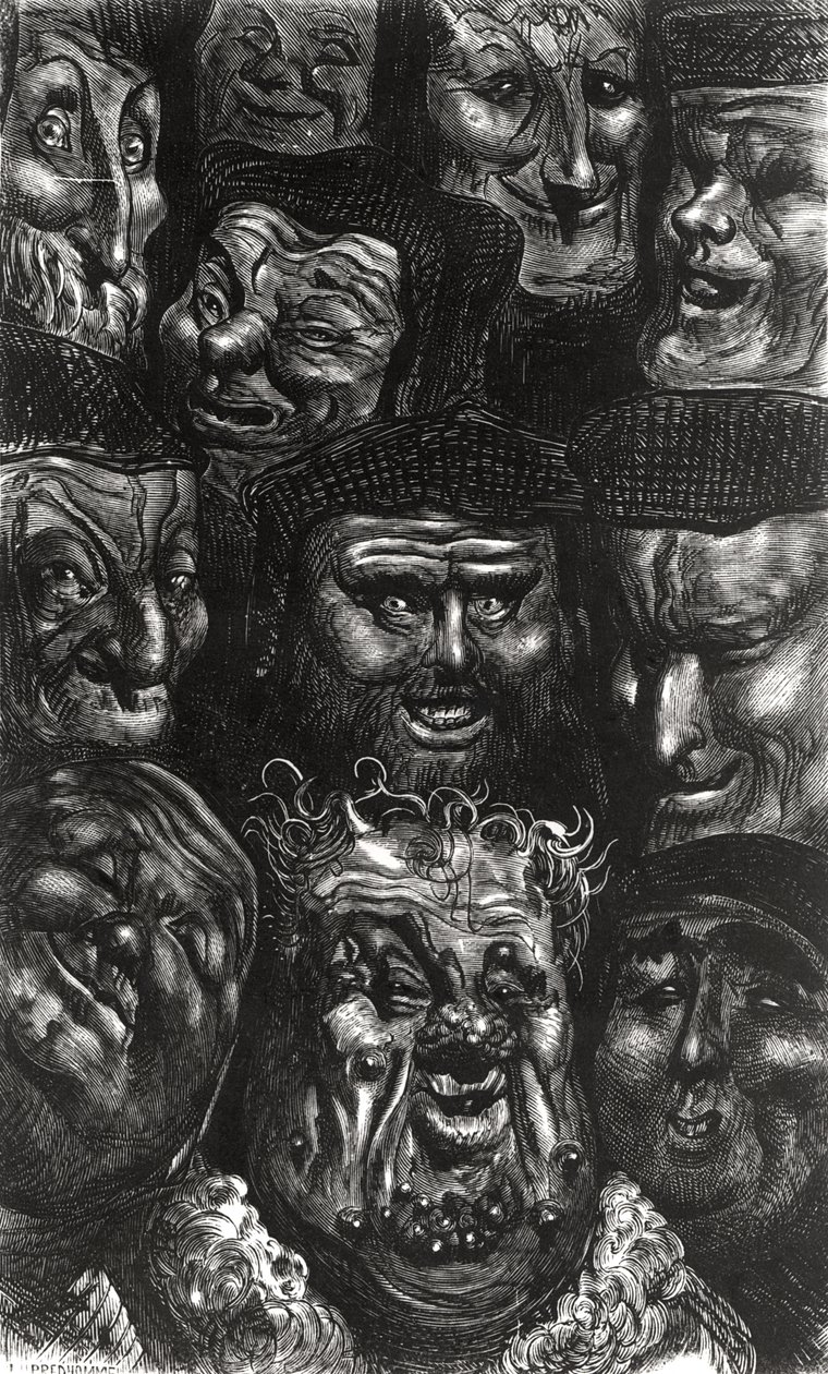 Jedenáct groteskních tváří z „Les Contes Drolatiques“ od Honore de Balzac (1799-1850) vyryté Predhomme od Gustave Dore