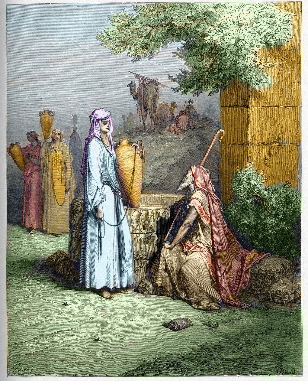 Eliezer a Rebeka – Eliezerovi, Abrahamovu služebníkovi, nabízí Rebeka – Eliezer a Rebecca napít vody – rytina v „The Bible illustree“ od Gustava Dore (1832-1883) – rytina z „“The Dore Bible““ od Gustave Dore