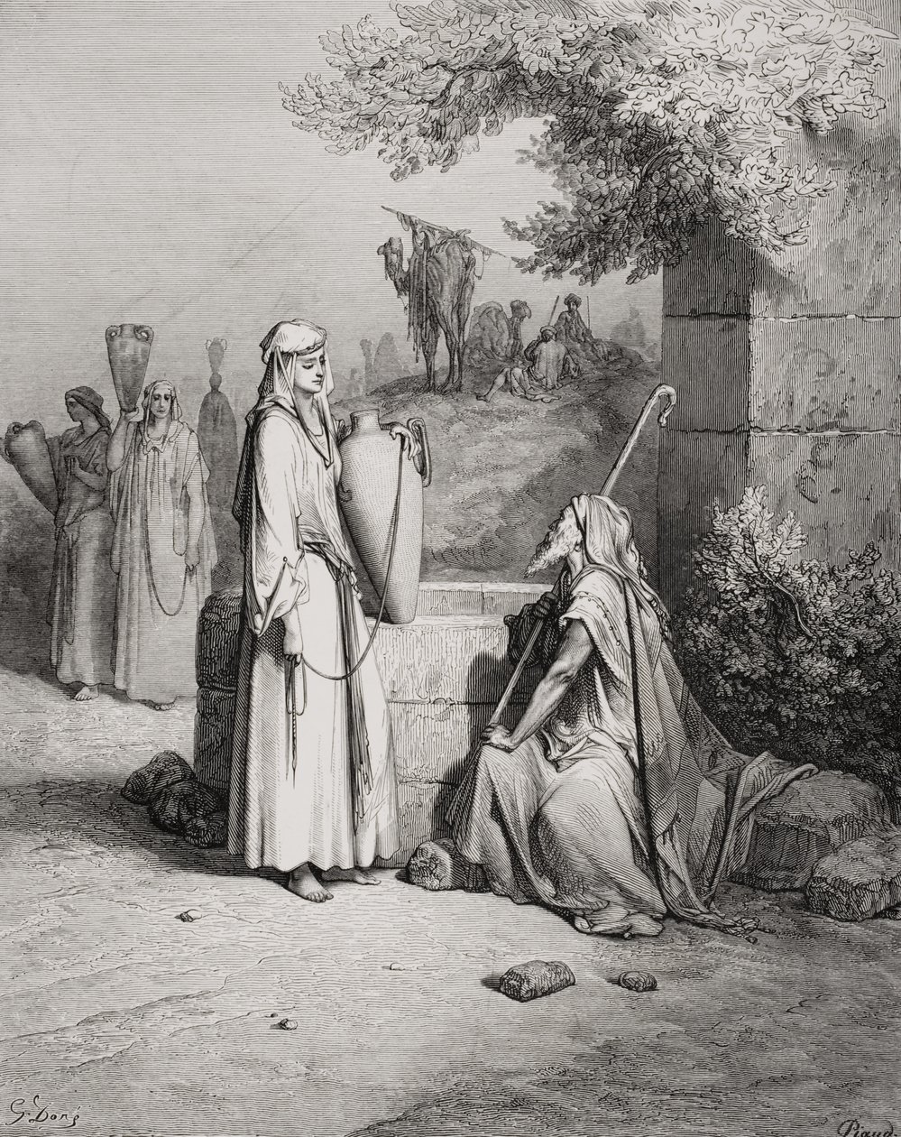 Eliezer a Rebeka, Genesis 24:15-21, ilustrace z Doreovy „Svaté bible“, vyryté Piaudem, 1866 od Gustave Dore