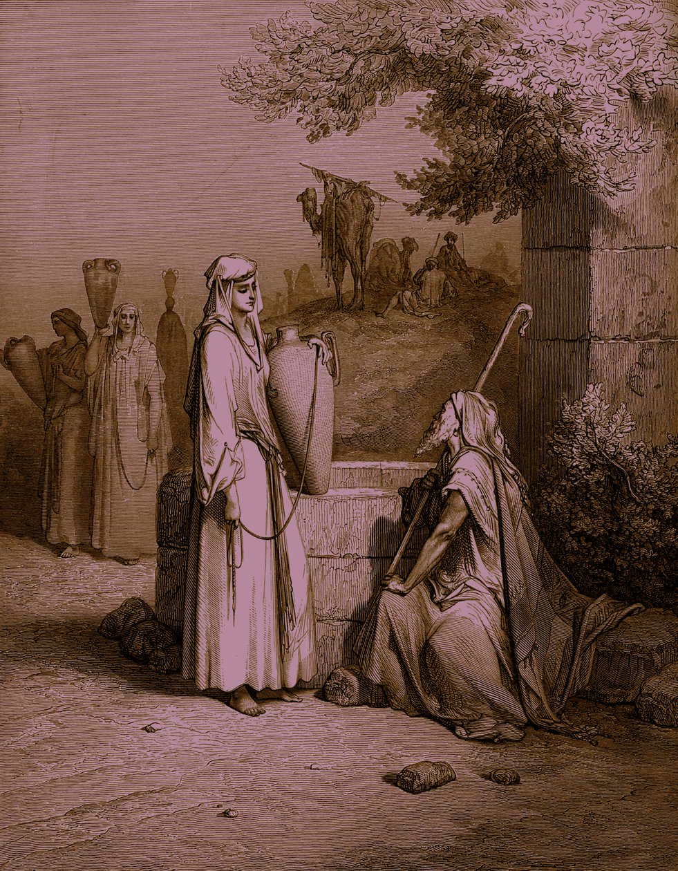 Eliezer a Rebekah / Rebecca, rytina Doré. - Bible od Gustave Dore