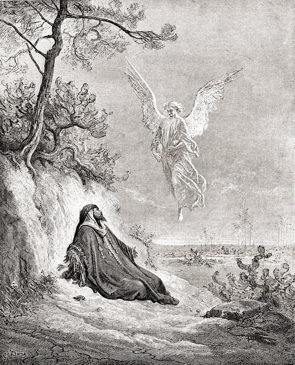 Eliáš živený andělem. Po díle z Bible od Gustava Dorea. Ze života a vzpomínek Gustava Dorea, publikoval 1885. od Gustave Dore