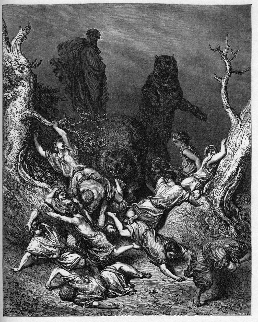 Elisee proklíná mladé z Bételu - Děti z Bételu zničené medvědy - Eliáš proklíná mladé z Bételu - rytina v „The Bible illustree“ od Gustava Dore (1832-1883) - Rytina z „“The Dore Bible““ od Gustave Dore