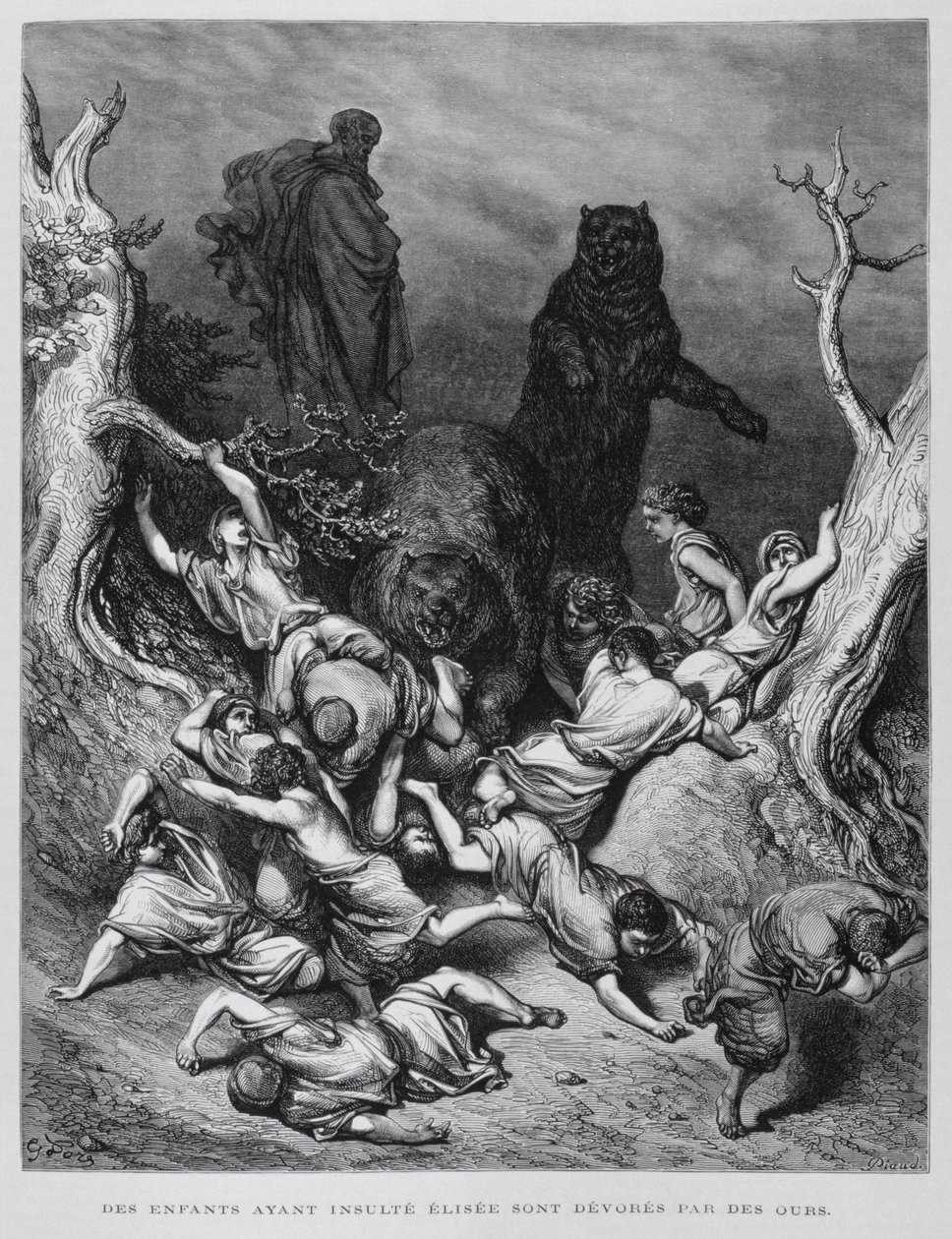 Elíša se dívá, jak medvědi ničí děti, Ilustrace z Bible Doreho od Gustave Dore