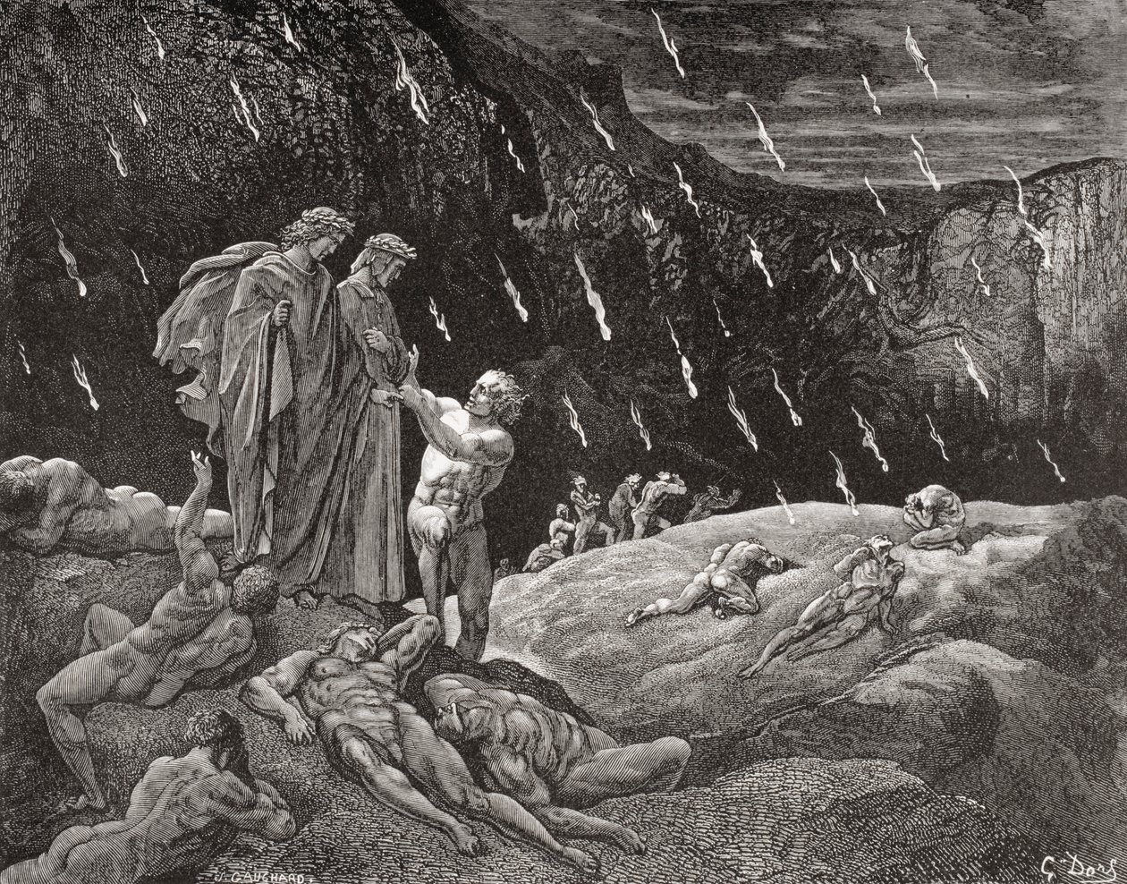 Rytina Gustava Doreho 1832-1883 Francouzský malíř a ilustrátor pro Inferno od Dante Alighieriho, XV. díl, řádky 28 a 29 od Gustave Dore