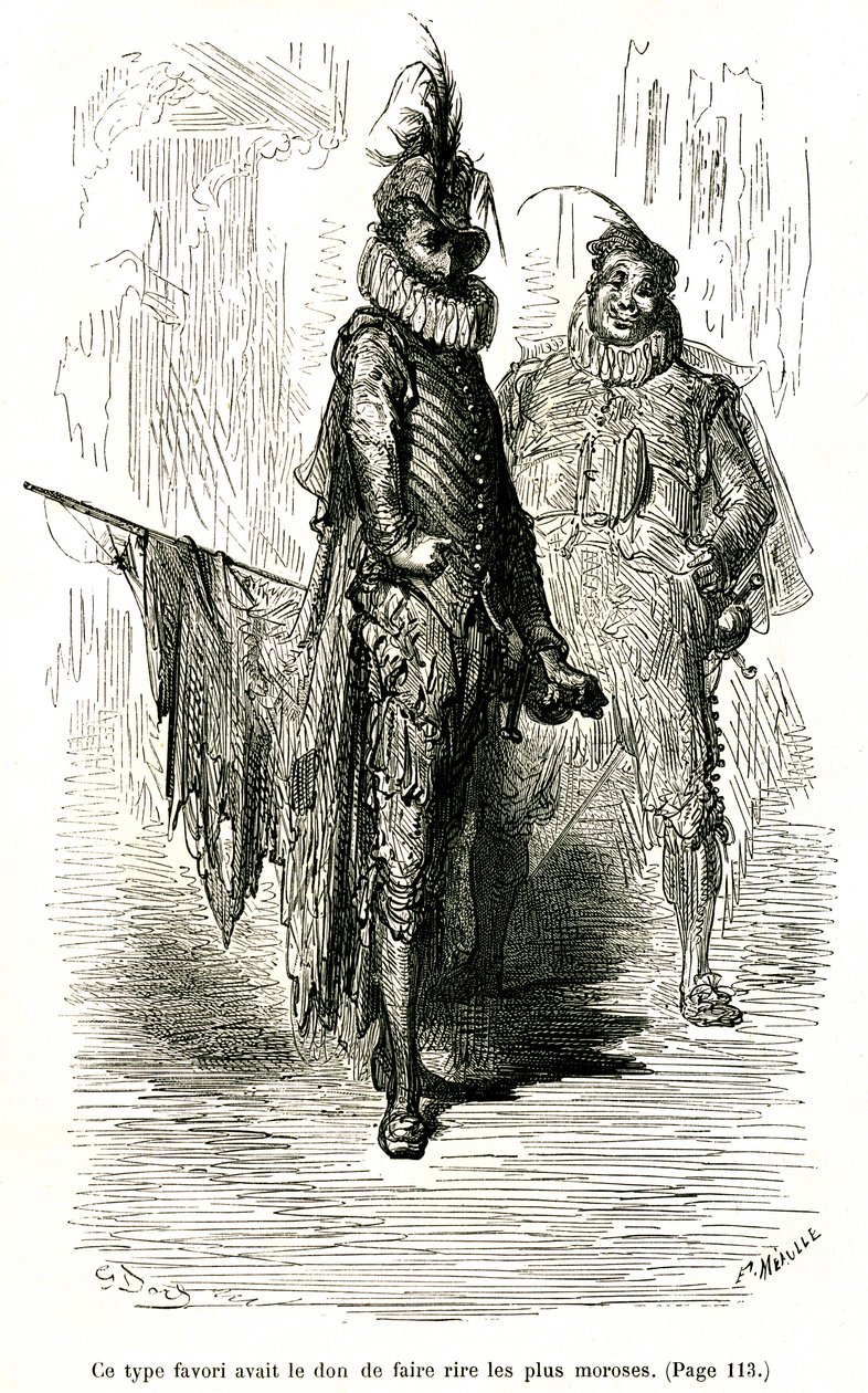 Rytina Gustava Doreho ilustrující román Theophila Gautiera "Kapitán Fracasse". Charpentierovo vydání 1863. Dva komedianti (herci commedie dell