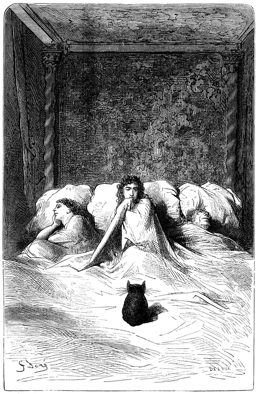 Rytina Gustava Doreho ilustrující román Theophila Gautiera "Kapitán Fracasse". Charpentierovo vydání 1863. V sídle barona de Sigognac, "Chateau de la Misere", našla útočiště tlupa komediantů. Tři herečky usnuly na l od Gustave Dore