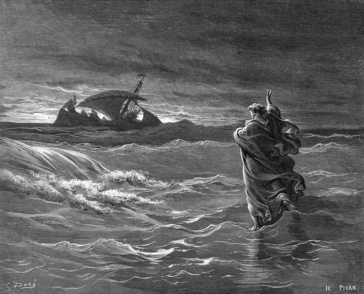 Rytina Ježíše kráčejícího po vodě od Gustave Dore