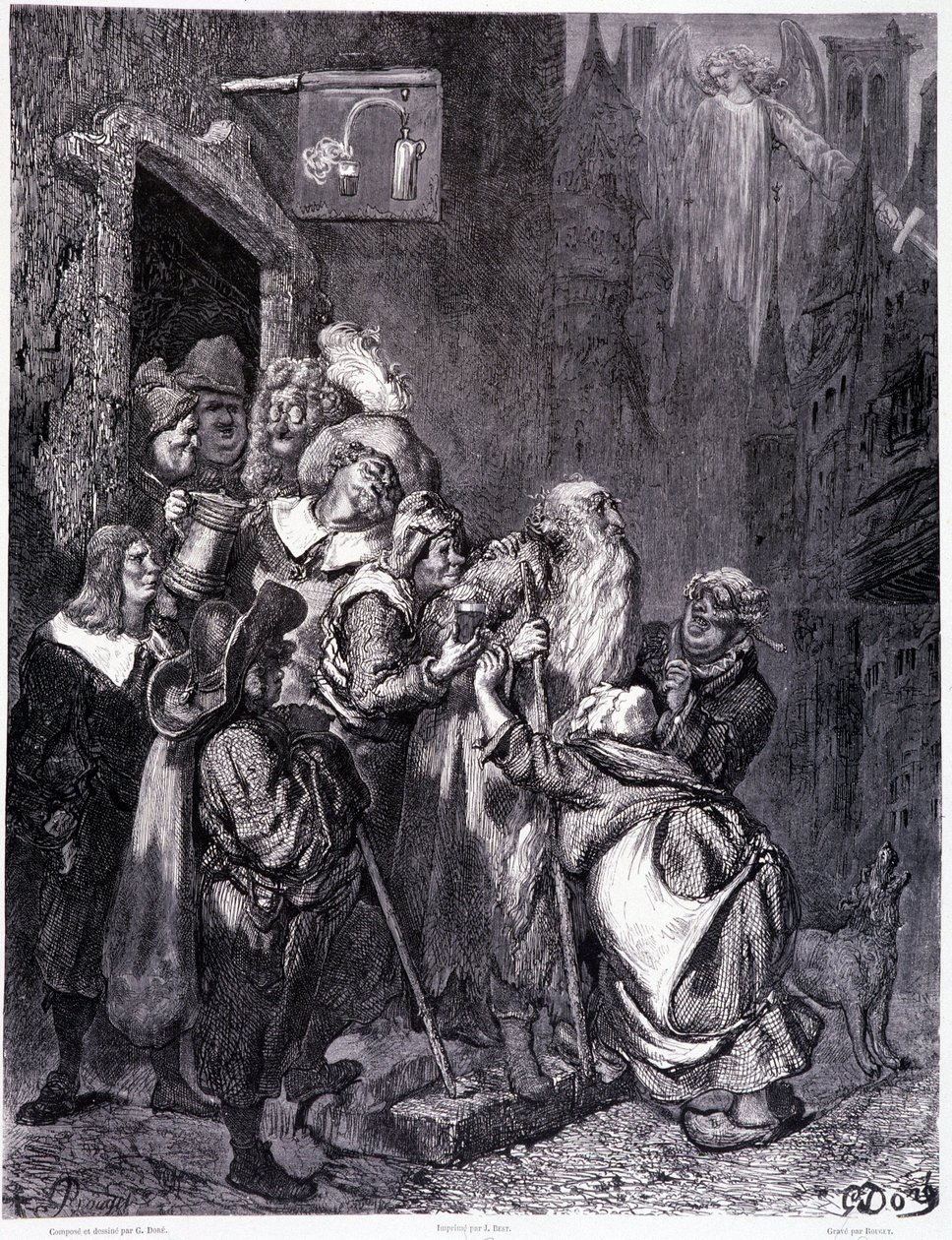 Vstupte do tohoto hostince, deska IV - Ilustrace Gustave Dore (1832-1883), pro putování La legende du Jeif od Pierra Duponta, edice Librairie du magasin malebná, Paříž 1862 od Gustave Dore