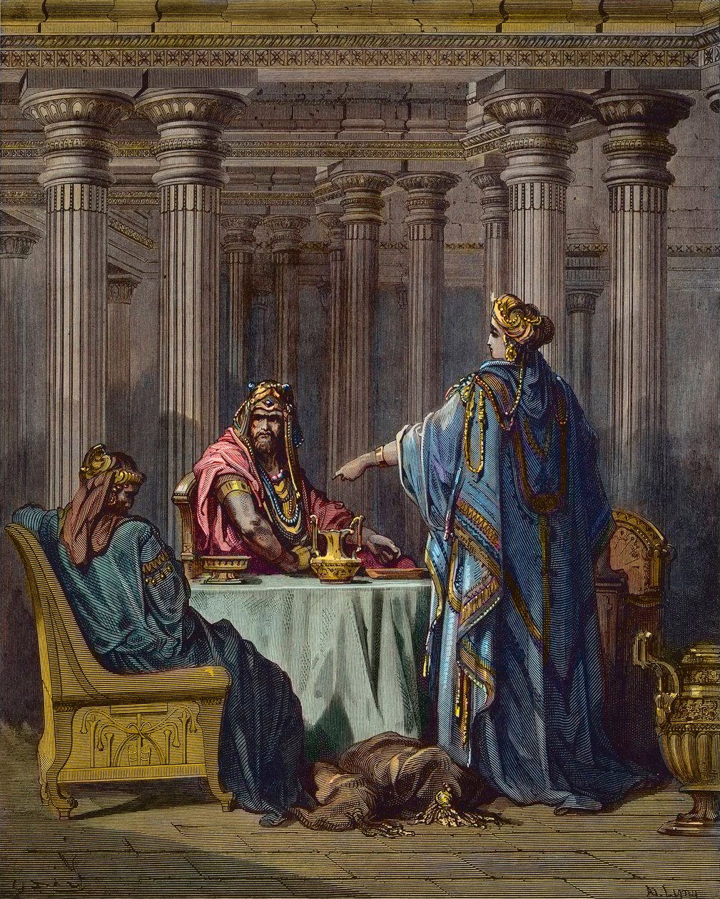Esther obviňuje Hamana (Aman) - biblické scény, Esther a Aman, dřevorytina Gustava Dore - pozdější kolorování od Gustave Dore