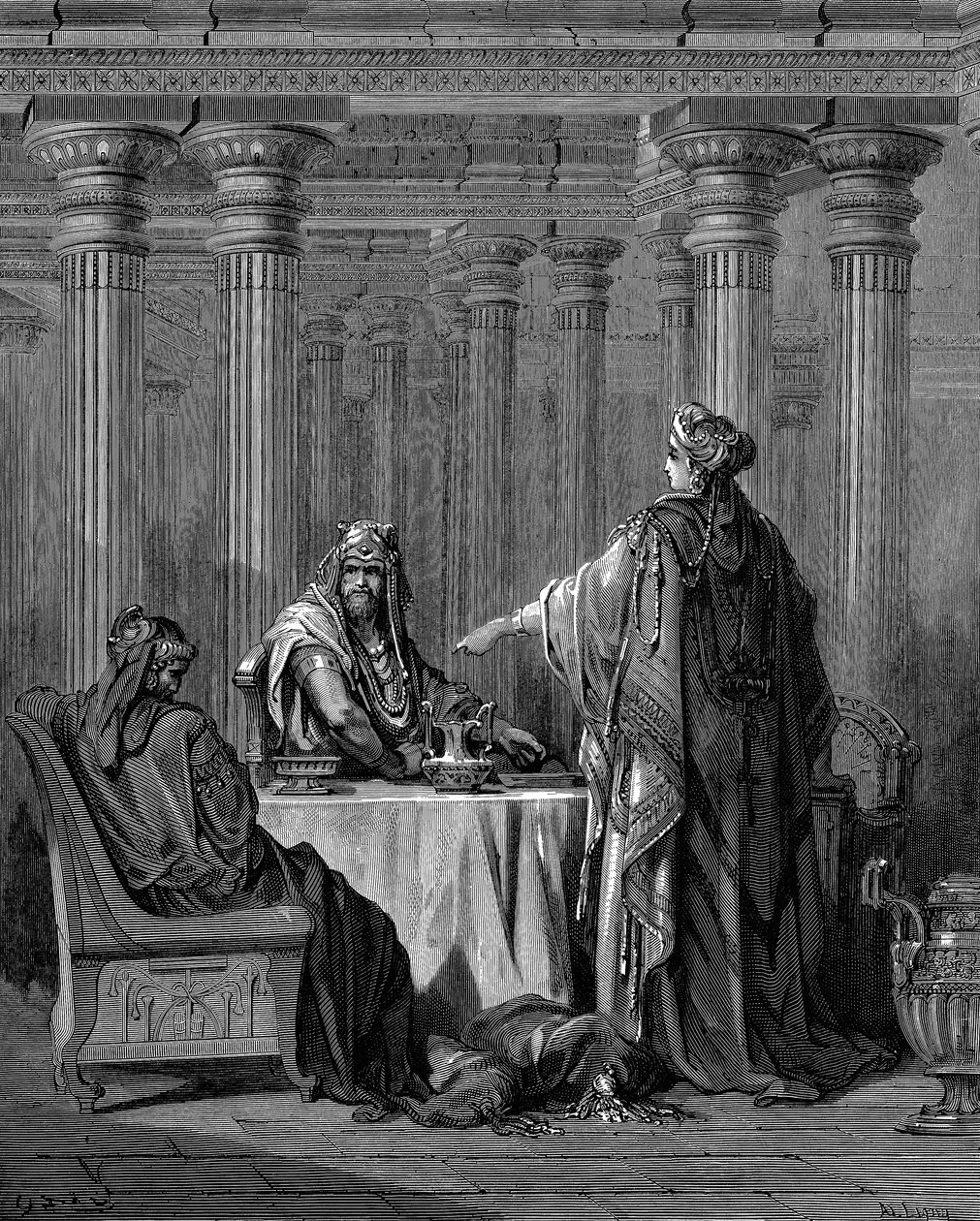 Esther c450 př.nl před svým manželem perským králem Ahasverem Xerxem I., 1866 od Gustave Dore