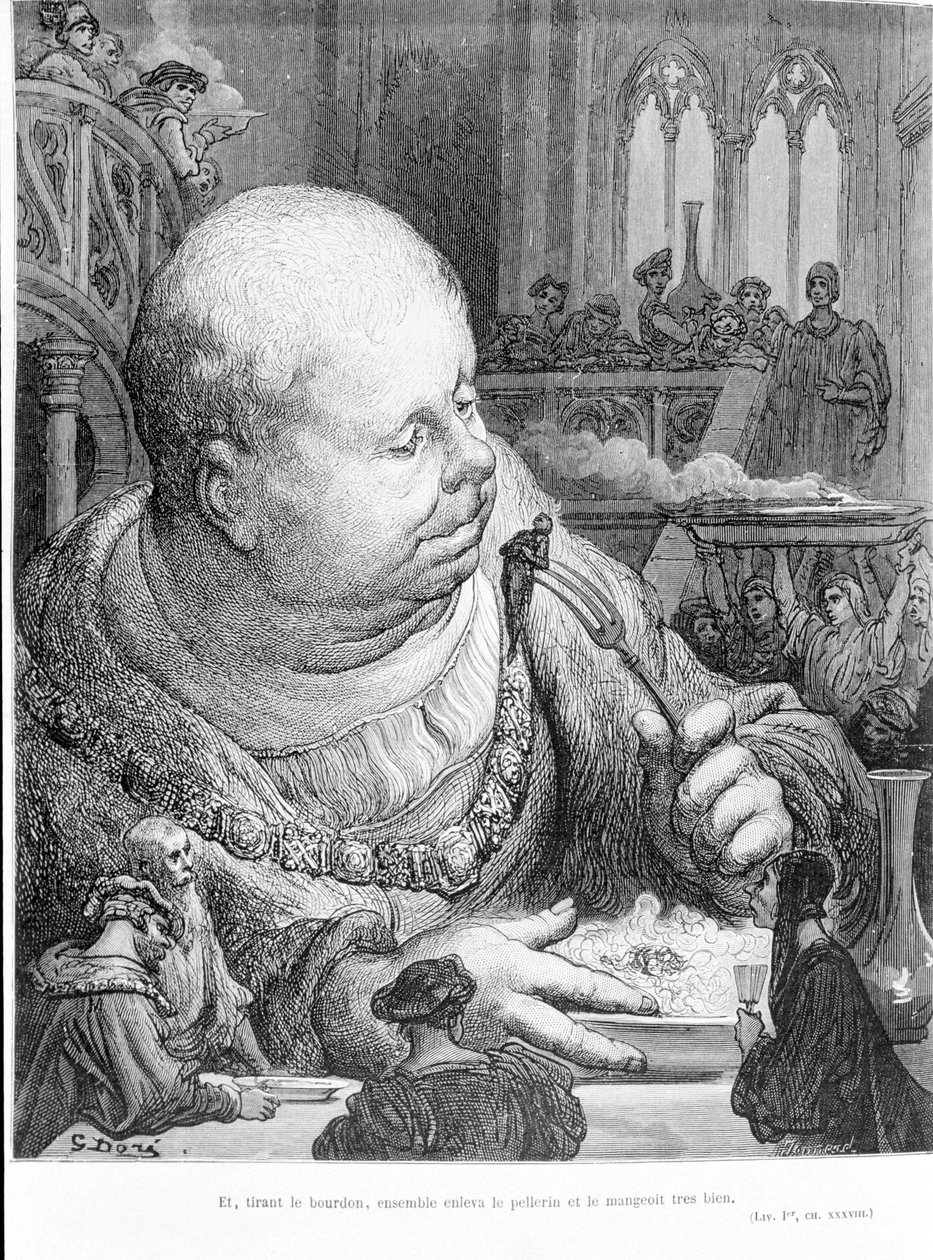 Výtažek z Gargantua (1534) od Françoise Rabelaise (1483 - 1553): A přitáhli čmeláka, společně odstranili pellerin a velmi dobře ho snědli. Rytina od Gustava Dore (1823-1883) od Gustave Dore