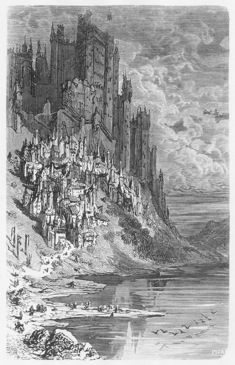 Fantasy krajina s městem a hradem, ilustrace z „Les Contes Drolatiques“ od Honore de Balzac (1799-1850) od Gustave Dore