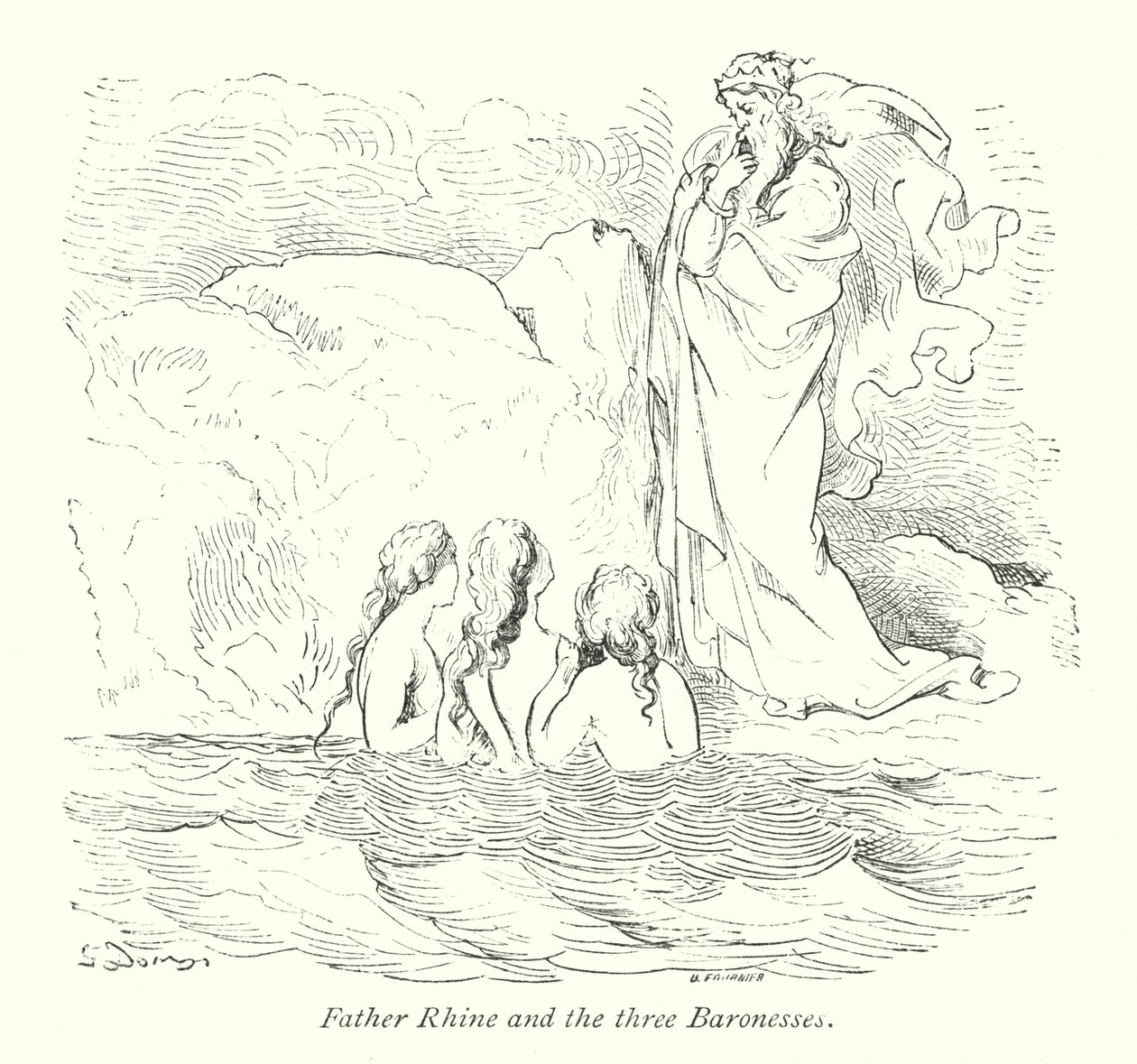 Otec Rýna a tři baronky (rytina) od Gustave Dore