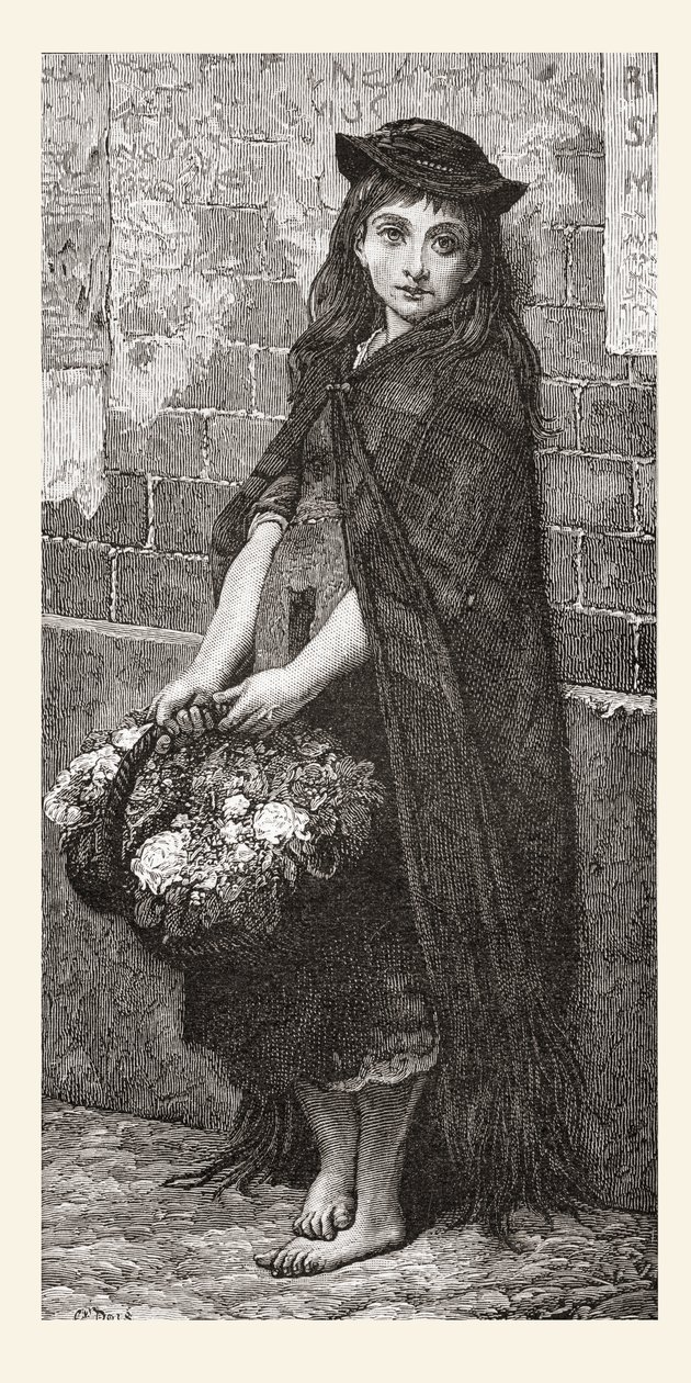 Květinová dívka podle díla Gustava Doreho. Z knihy Život a vzpomínky Gustava Doreho, vydané v roce 1885. od Gustave Dore