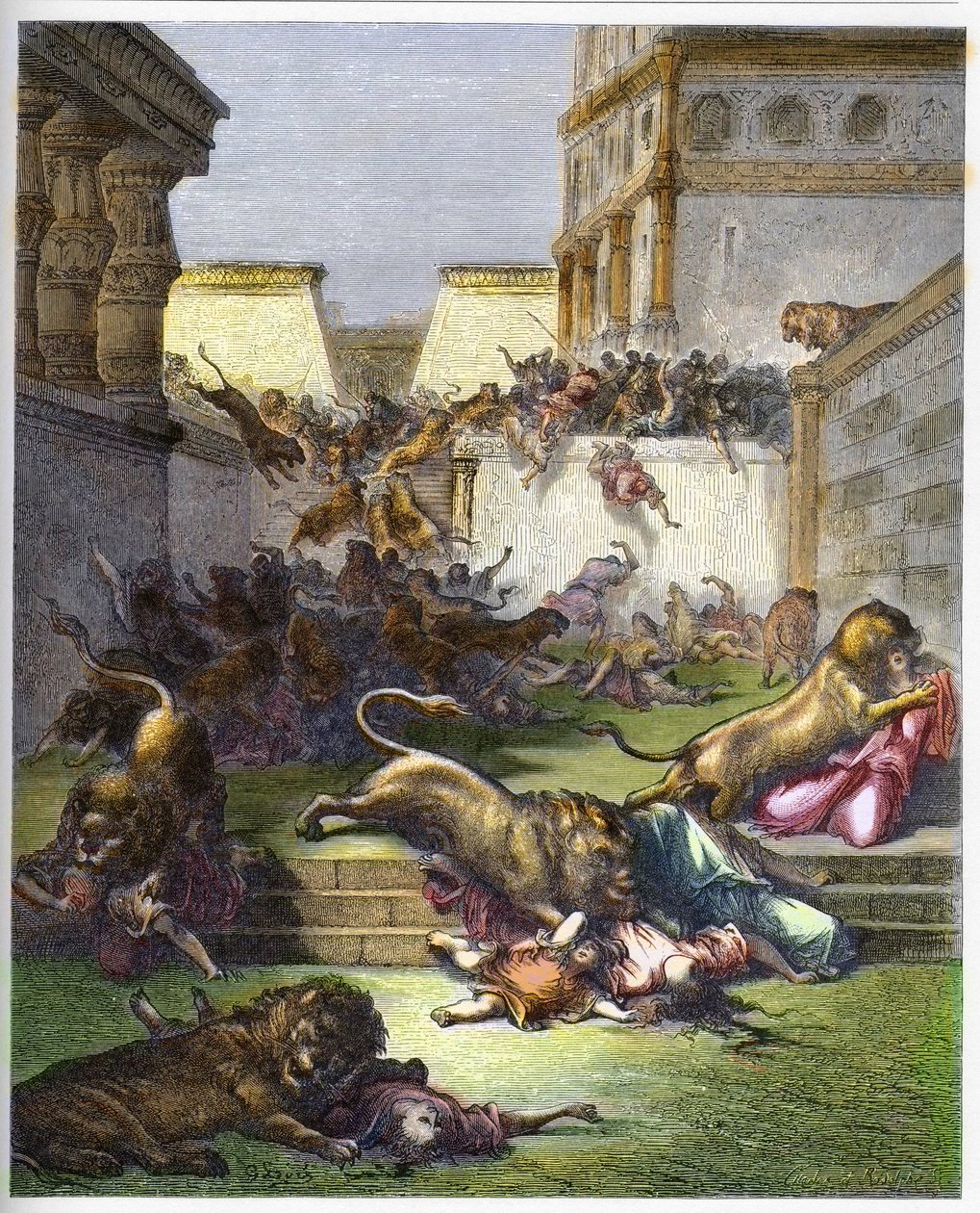 Cizinci pohlcení lvy v Samaří - Starý zákon. Lidé pohlcení lvy v Samaří - rytina v „The Bible illustree“ od Gustava Dore (1832-1883) - rytina z „“The Dore Bible““ od Gustave Dore