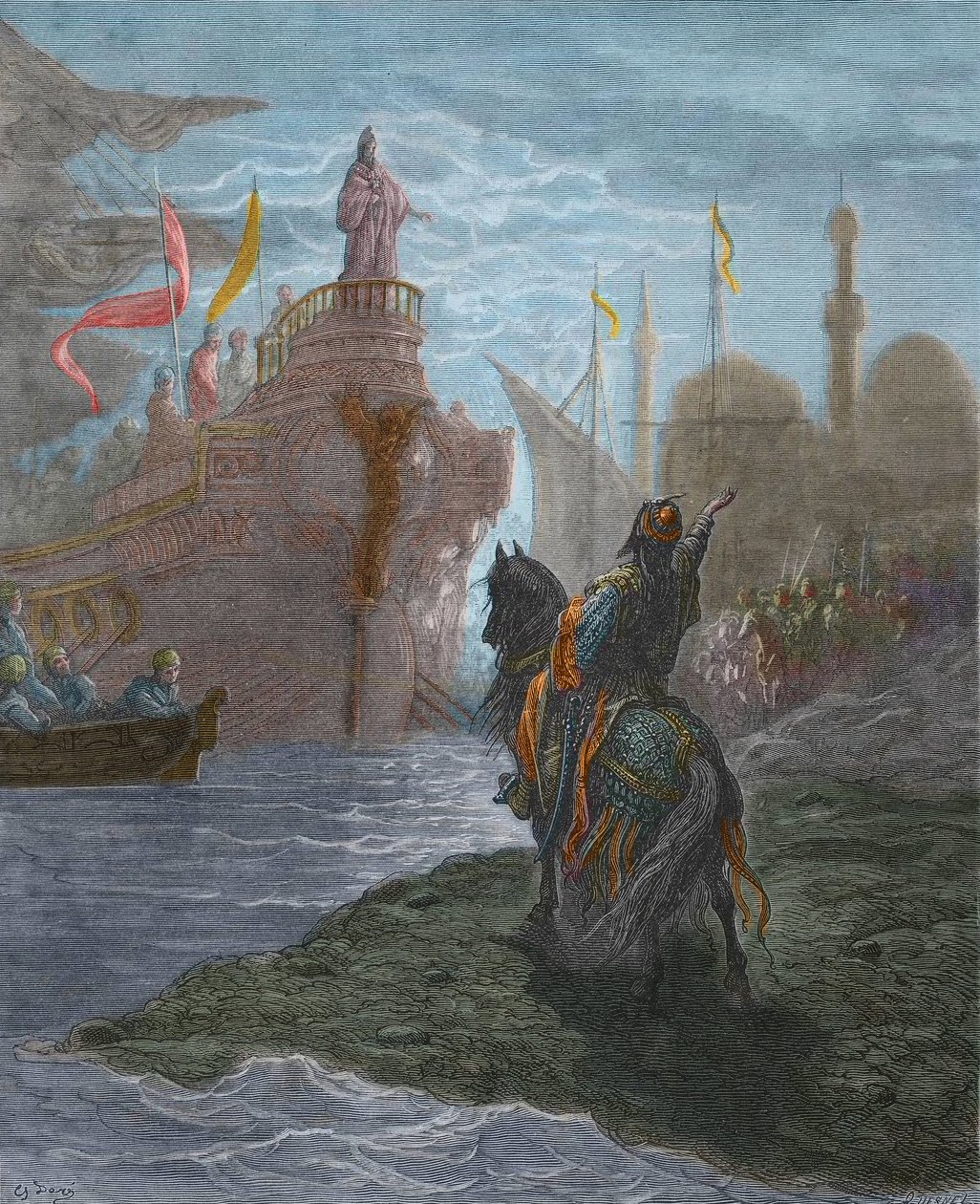 Čtvrtá křížová výprava - Čtvrtá křížová výprava - Alexis V. Doukas Murzuphle (1140-1204) - Murzuflo (Alessio Ducas) vyjednávání s dóžetem Enrico Dandolem (1107-1205), en 1204. rytina Gustava Dore (1832-1883) Historie Crusadu od Gustave Dore
