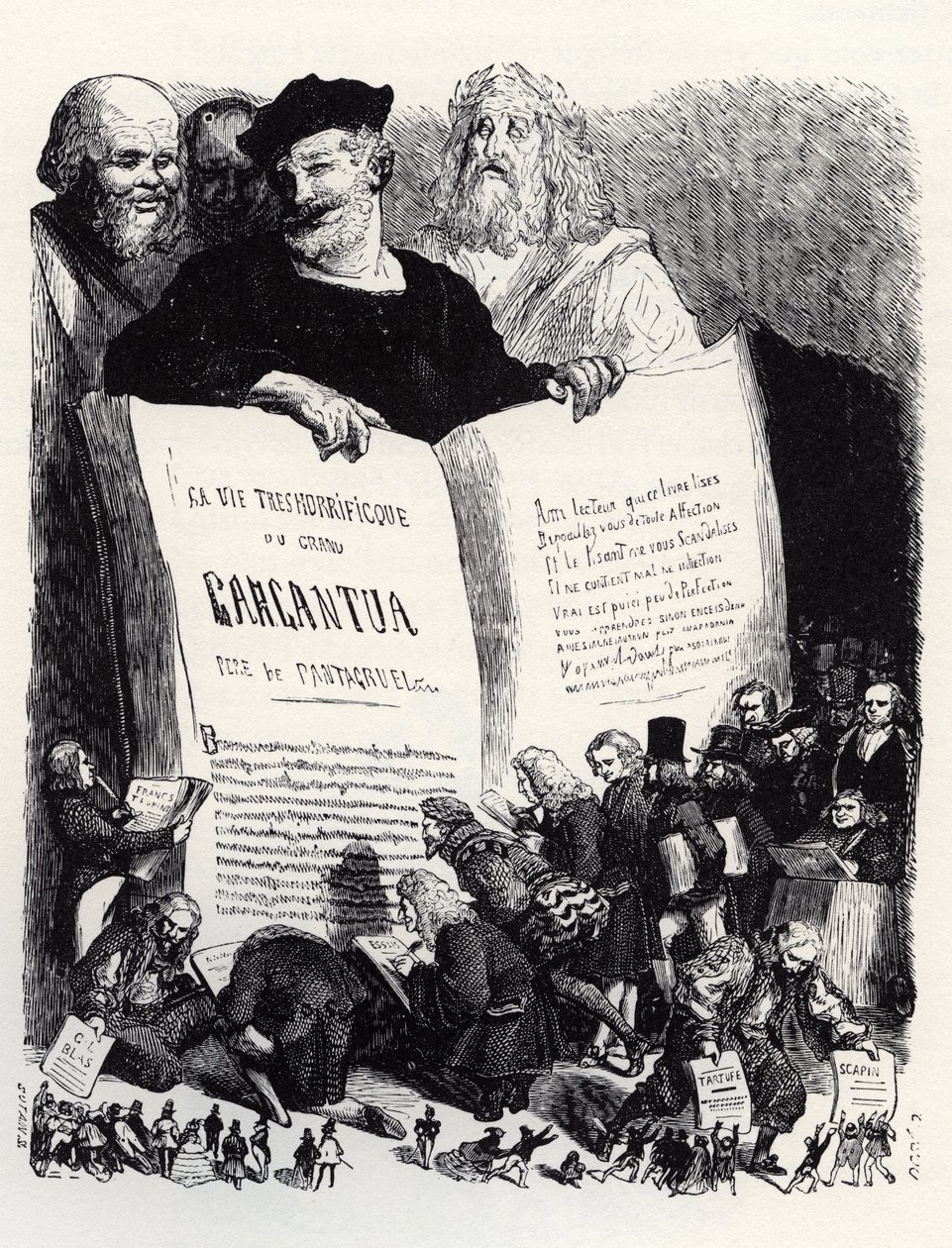 Frontispice vydání z roku 1854 - Ve společnosti starých i moderních spisovatelů představuje Rabelais svůj druhý román - ilustrace z 