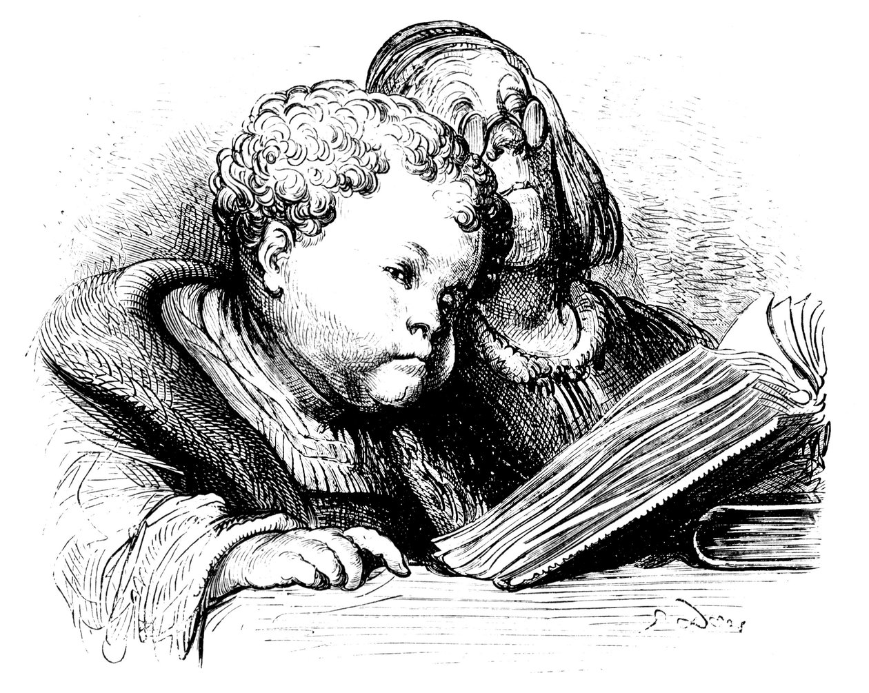 Vzdělání Ganta Gargantuy: jako dítě se učí číst u svého preceptora. Ilustrace Gustava Doreho k dílu Francoise Rabelaise. od Gustave Dore