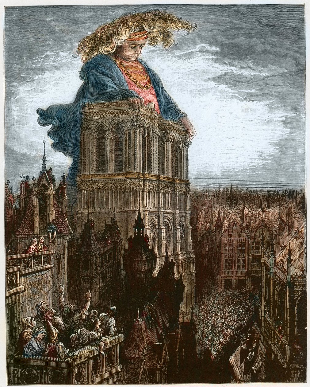 Gargantua na věžích Notre-Dame v Paříži - Gargantua spočívající na věžích kostela Notre-Dame v Paříži - ilustrace z 