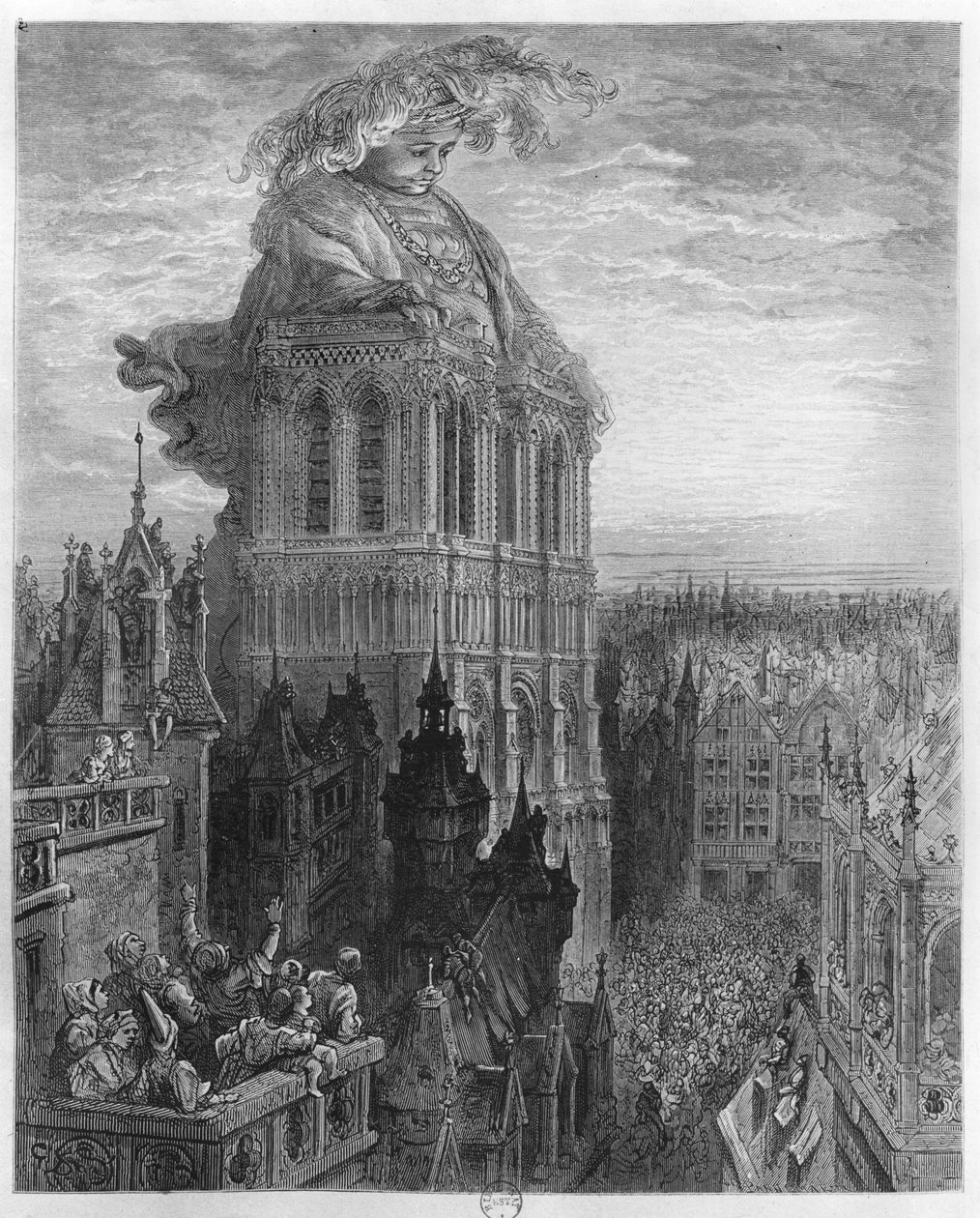 Gargantua na věžích Notre-Dame v Paříži, ilustrace z 