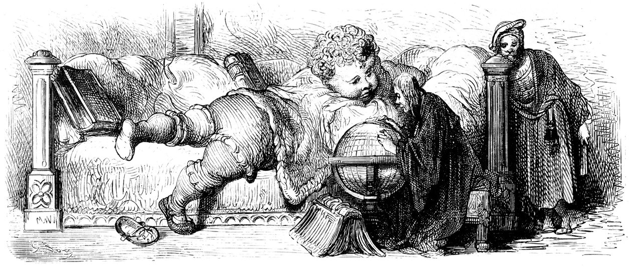 Gargantuovo vzdělání: Obr jako dítě leží na posteli a studuje se svými učiteli glóbus. Ilustrace Gustava Doreho k dílu Francoise Rabelaise. od Gustave Dore