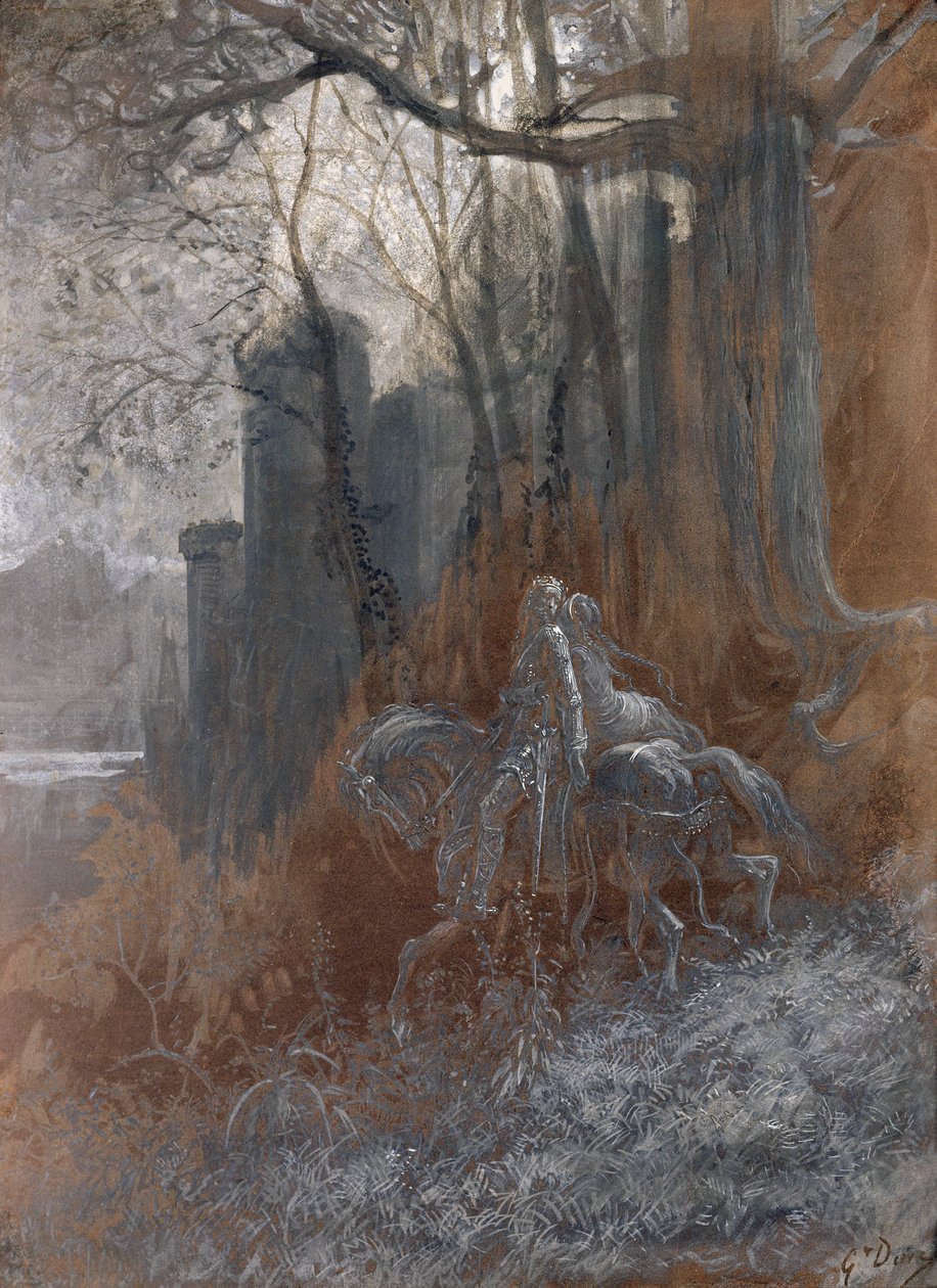 Geraint a Enid Ride Away, 1868 (kvaš a wc na papíře) od Gustave Dore