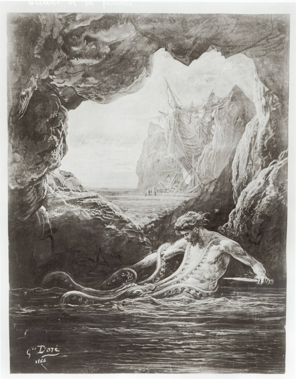Gilliatt bojuje s obří chobotnicí, ilustrace z „Les Travailleurs de la Mer“ od Victora Huga (1802-85) 1866 od Gustave Dore