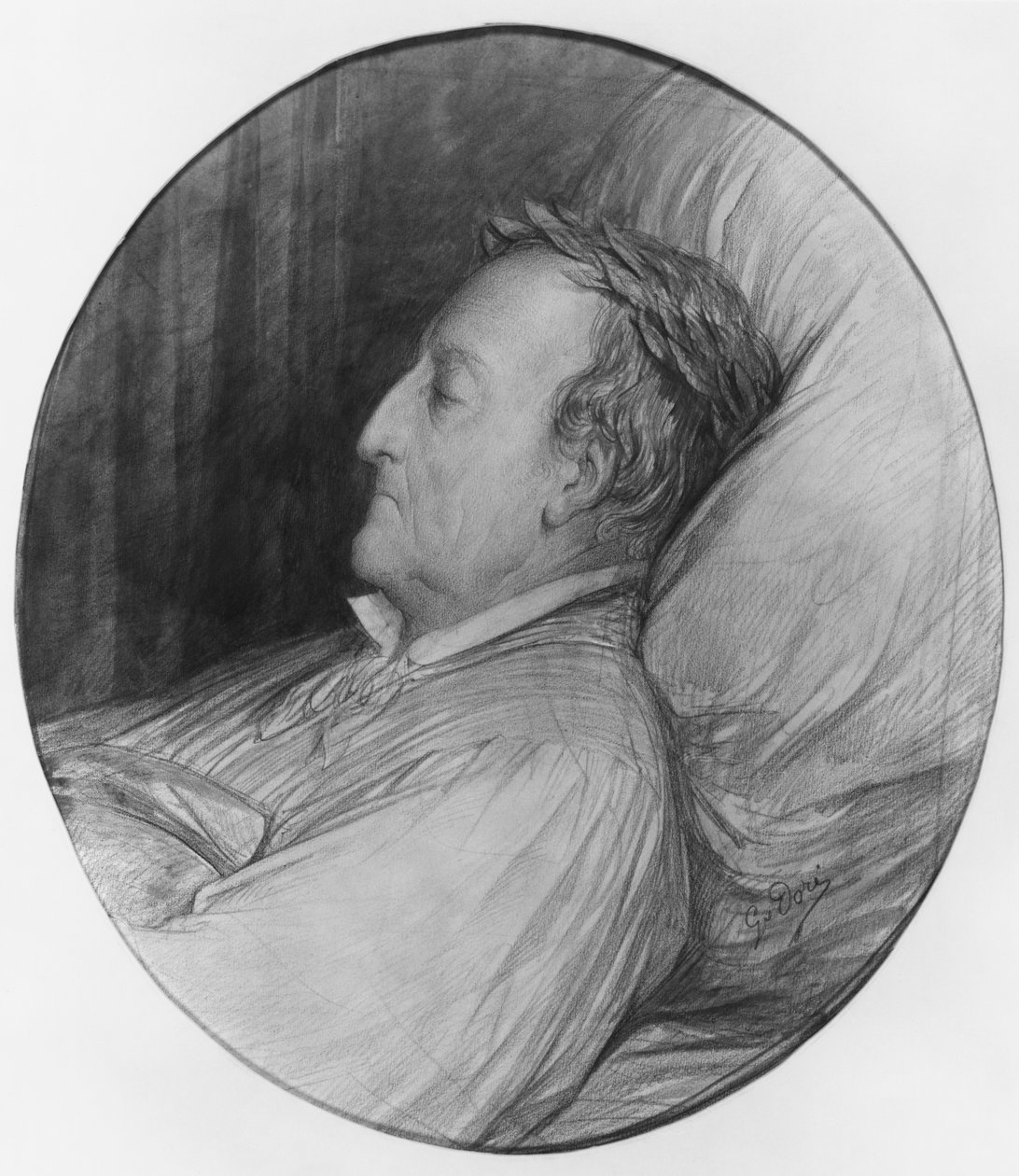 Gioacchino Rossini na smrtelné posteli, 1868 (zvýraznění dřevěného uhlí a kvaše na papíře) od Gustave Dore