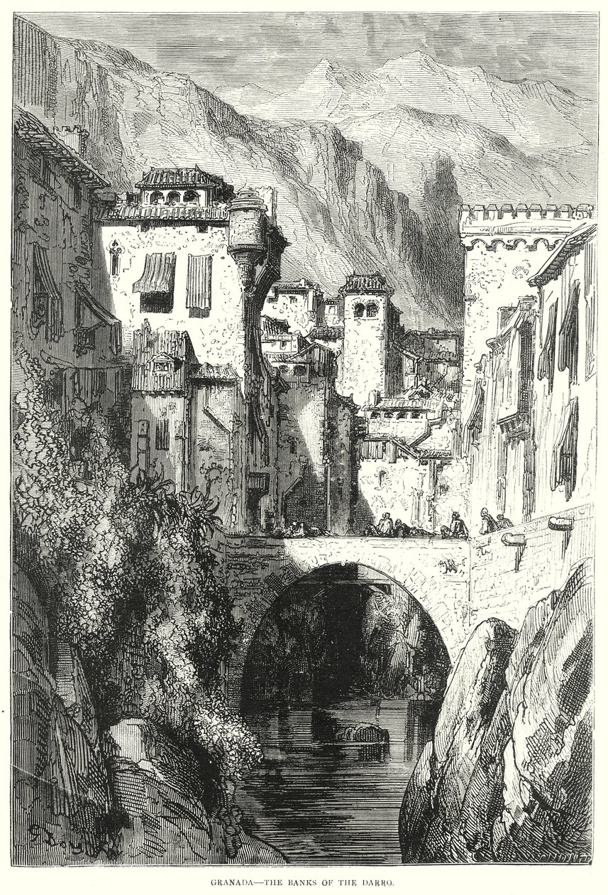 Granada - Břehy řeky Darro (rytina) od Gustave Dore