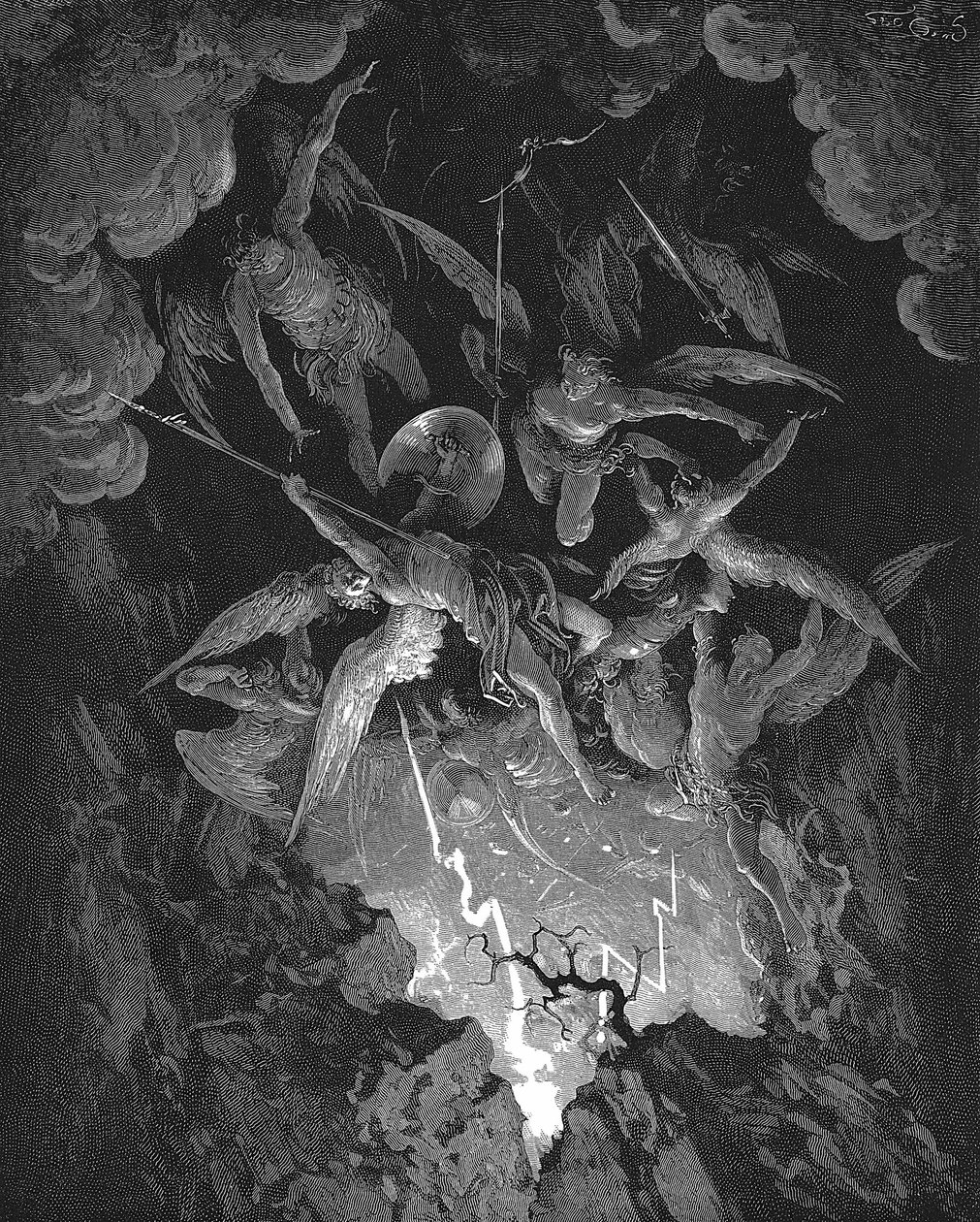 Ilustrace Gustava Dora k epické básni Johna Miltona, která dramatizuje pád člověka, Ztracený ráj (1667), kniha VI. Vzbouření andělé se propadají průrvou v nebeské zdi a vrhají se do pekla. Dřevoryt 1866 od Gustave Dore
