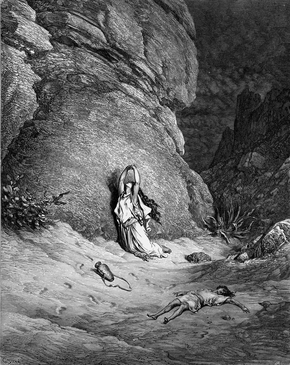 Hagar a Ismael, rytina Doré. - Bible od Gustave Dore