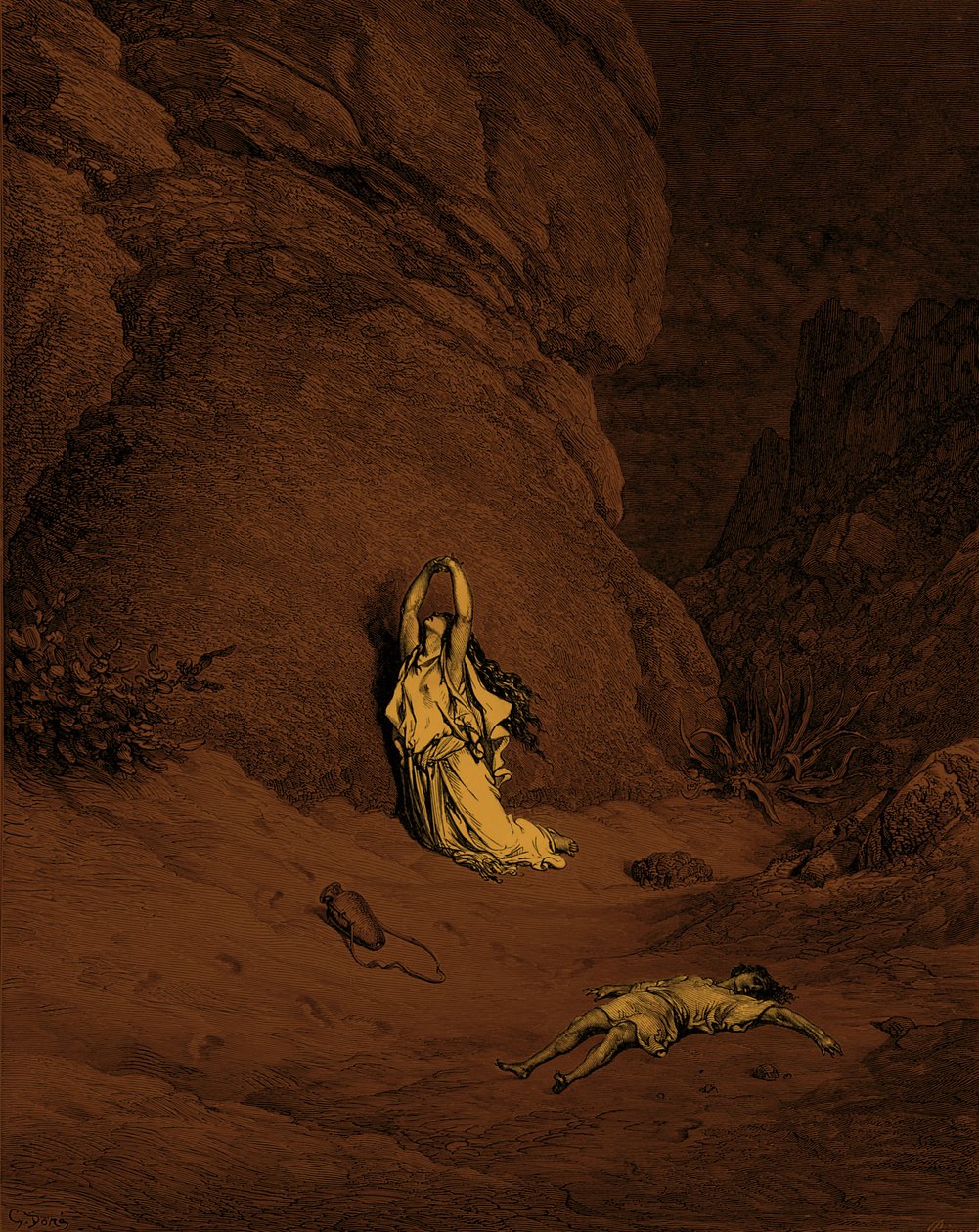 Hagar a Ismael, rytina Doré. - Bible od Gustave Dore