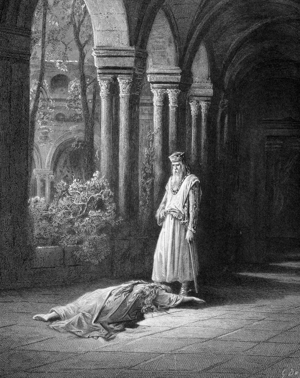Zastavil se: královna se k němu poněkud přitáhla, objala ruce kolem nohou svého manžela (Junièvre a krále Artuše) - v „Juniper“ od Alfreda Tennysona, nemocného. od Gustava Doré Paris, Librairie Hachette et Cie od Gustave Dore