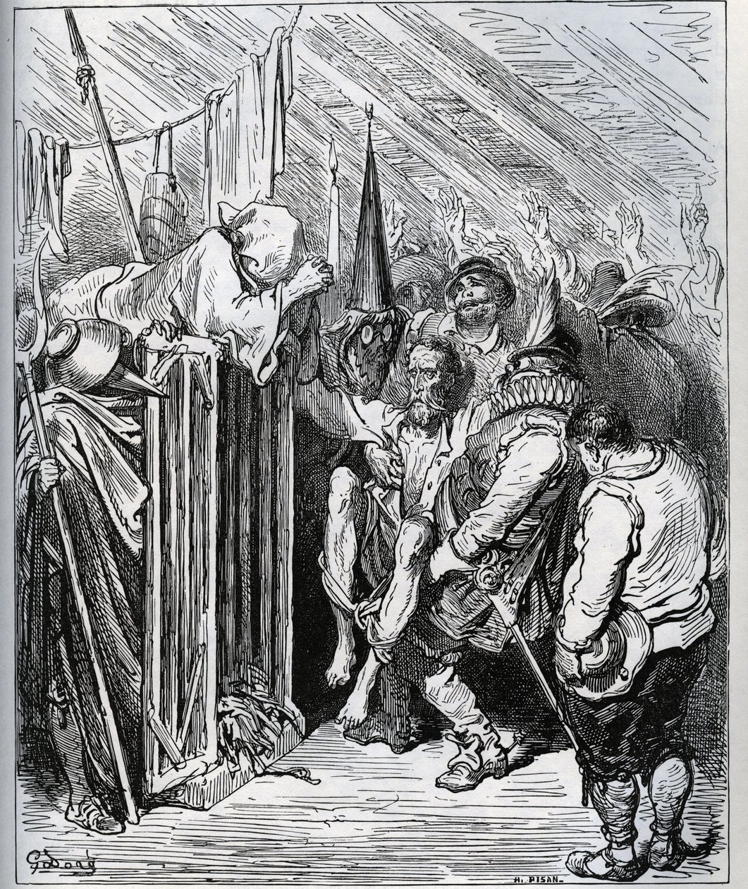 Jak se zbavit Dona Quijota. Lidé z hotelového obchodu se ho rozhodli zavřít tím, že ho přiměli uvěřit v nové kouzlo a nový rytířský test - z „Don Quijote de la Mancha“ od Miguela Cervantese (1547-1616) (Don Quijote) - Dřevoryt po nakreslení od Gustave Dore