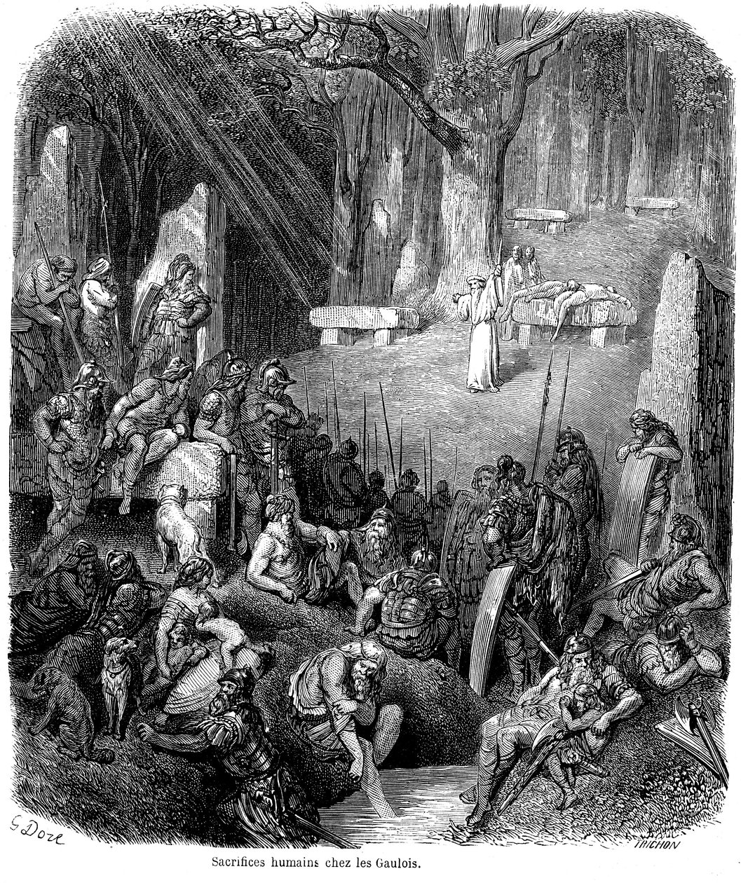Lidské oběti u Galů - druidové, dolmen, menhir - rytina Gustava Doreho v "L