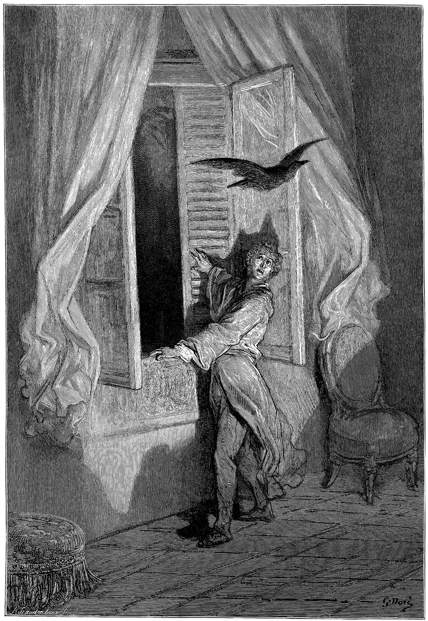 Ilustrace Gustava Doreho (1832-1883) k povídce Edgara Allana Poea "Havran" (The Raven). Tuto sérii dokončil Dore v roce 1883, tedy v roce své smrti, a patří tedy k jeho posledním dílům - od Gustave Dore
