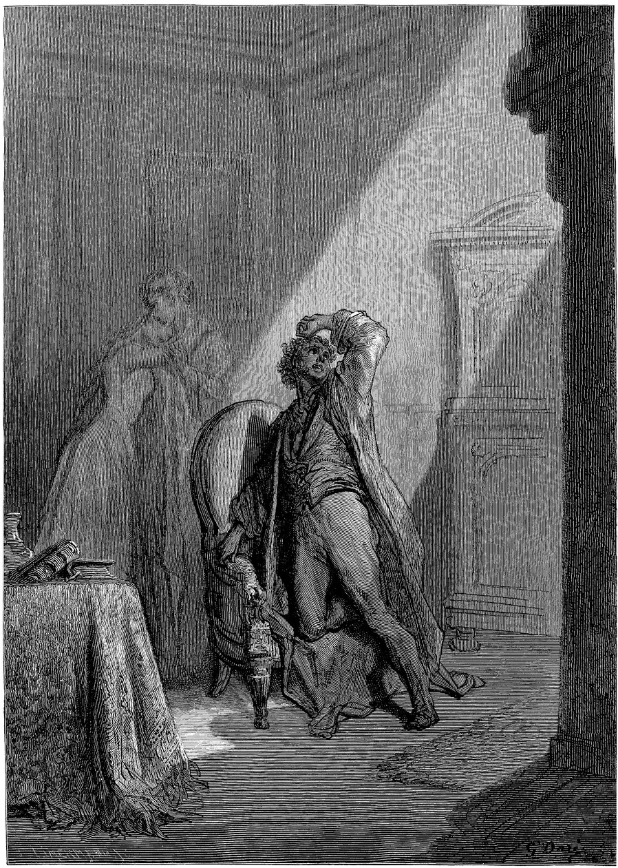 Ilustrace Gustava Doreho (1832-1883) k povídce Edgara Allana Poea "Havran" (The Raven). Tuto sérii dokončil Dore v roce 1883, tedy v roce své smrti, a patří tedy k jeho posledním dílům - od Gustave Dore