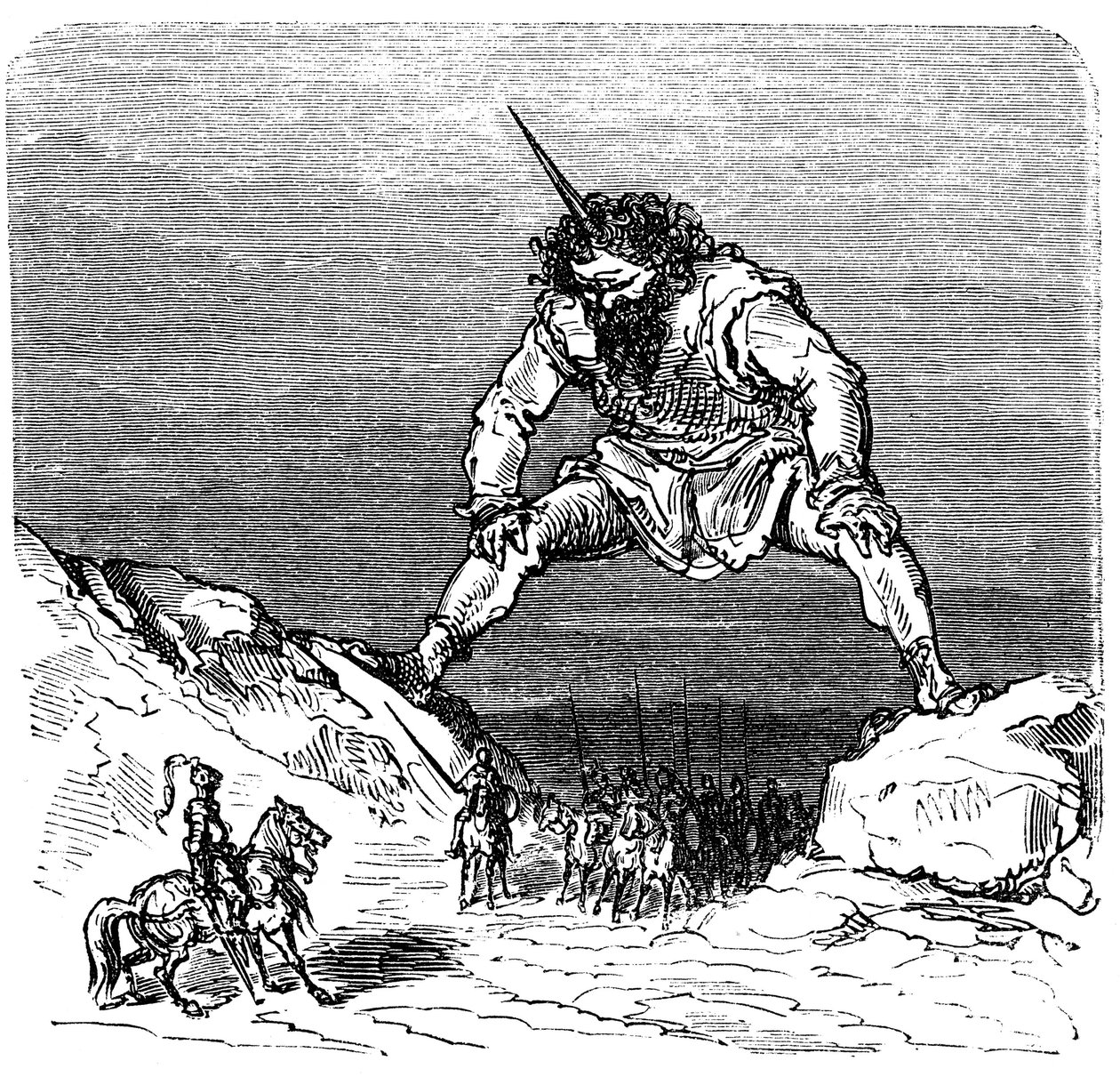 Ilustrace Gustava Doreho (1832-1883) ke knize Ernesta Lepina "La legende de Croquemitaine" (1863) - Obr, který připomíná Gullivera - od Gustave Dore