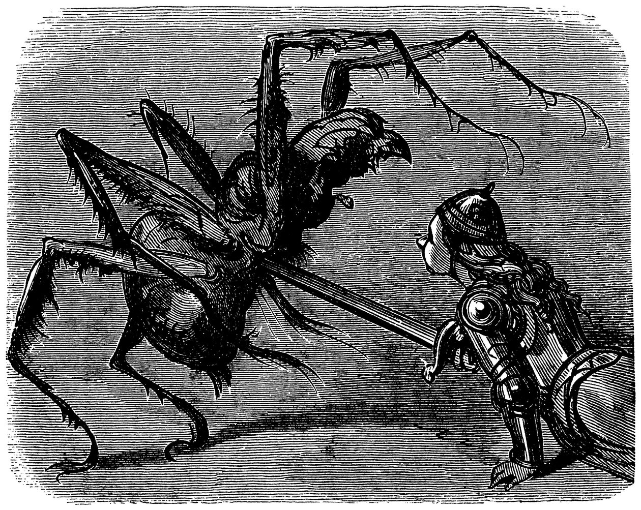 Ilustrace Gustava Doreho (1832-1883) ke knize Ernesta Lepina "La legende de Croquemitaine" (1863) - Při pohledu na tento obraz boje s mečem proti obrovskému araigneovi si nelze nevzpomenout na bitvu Froda a Aragnea v Tolkienově knize. od Gustave Dore