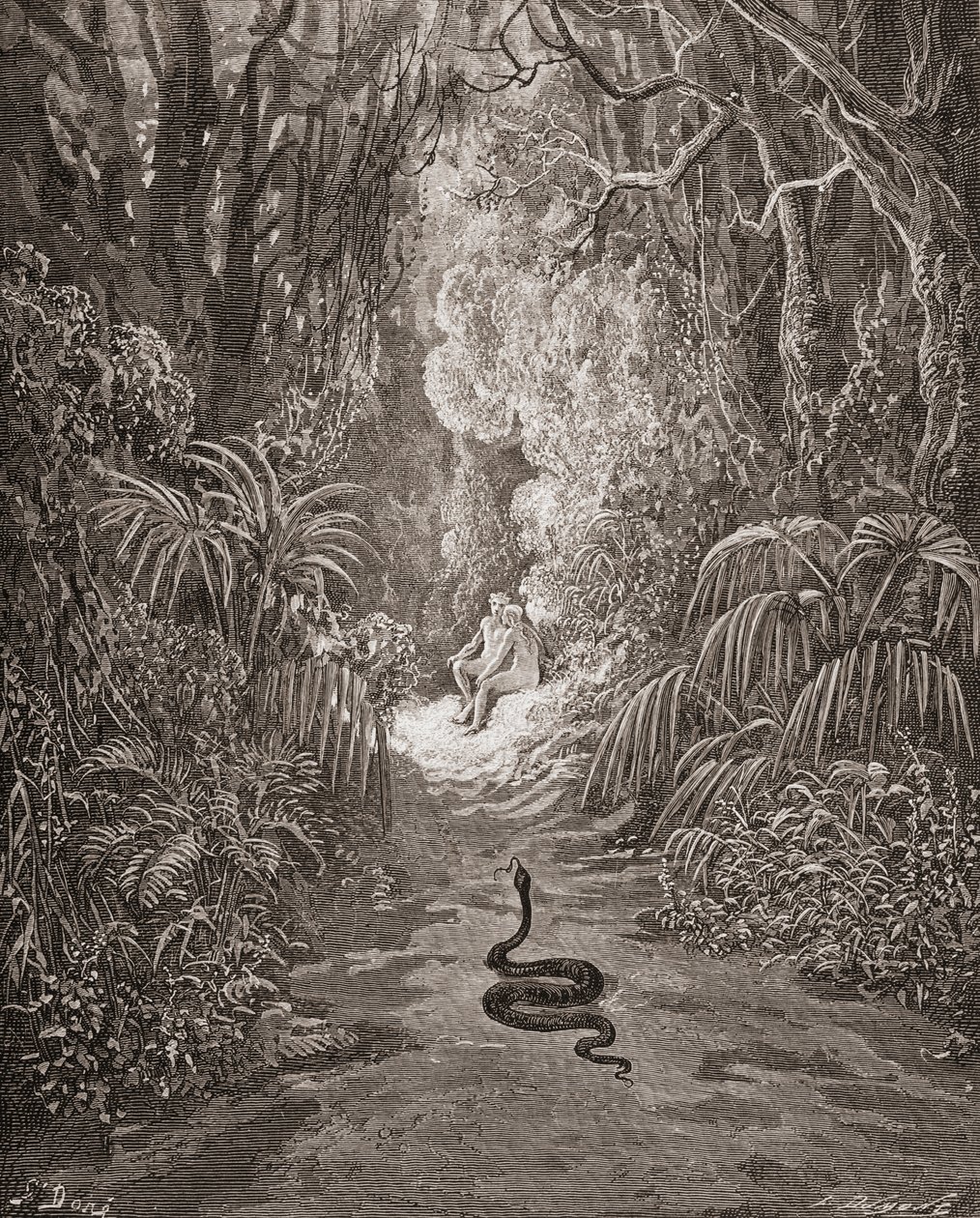 Ilustrace Gustava Doreho 1832-1883 Francouzský malíř a ilustrátor ke knize Ztracený ráj od Johna Miltona, kniha IX, řádky 434 a 435 od Gustave Dore