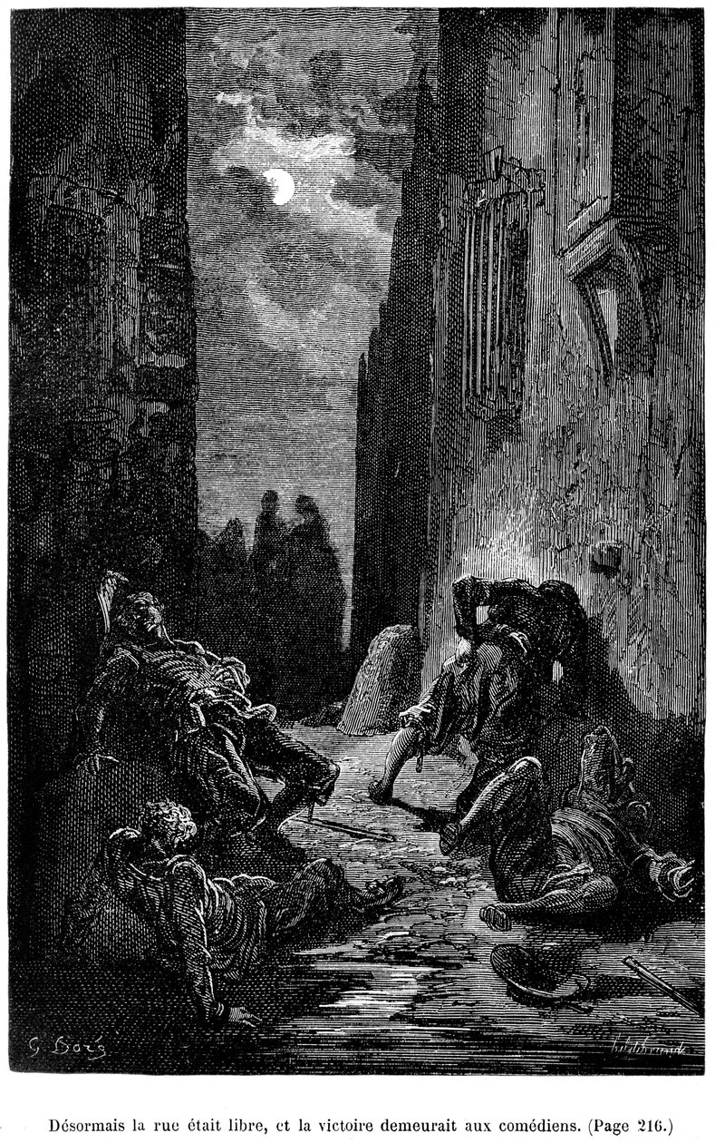 Ilustrace Gustava Doreho k románu Theophila Gautiera "Le Capitaine Fracasse" - Edition Charpentier 1883, prakticky totožná s prvním vydáním ilustrovaným G. Dorem u téhož nakladatele v roce 1866. Kapitola "Meč, pálka a jiná dobrodružství". od Gustave Dore