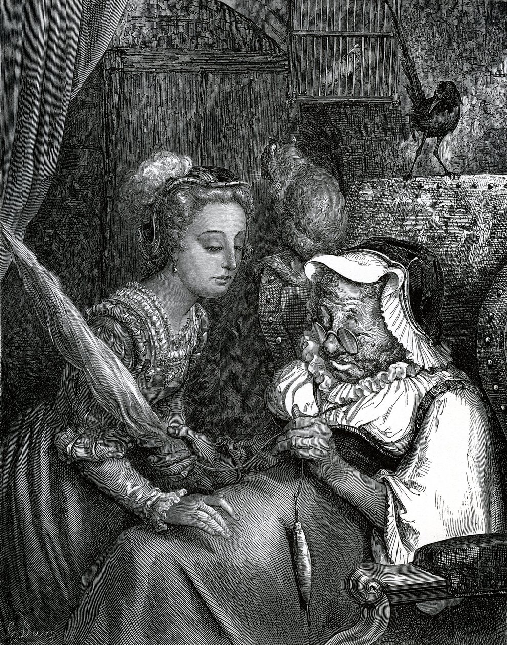 Ilustrace Gustava Doreho k pohádce Charlese Perraulta: Šípková Růženka. Princezna se píchne o kočičí ocas stařeny, která utíká ve vřetenu. od Gustave Dore